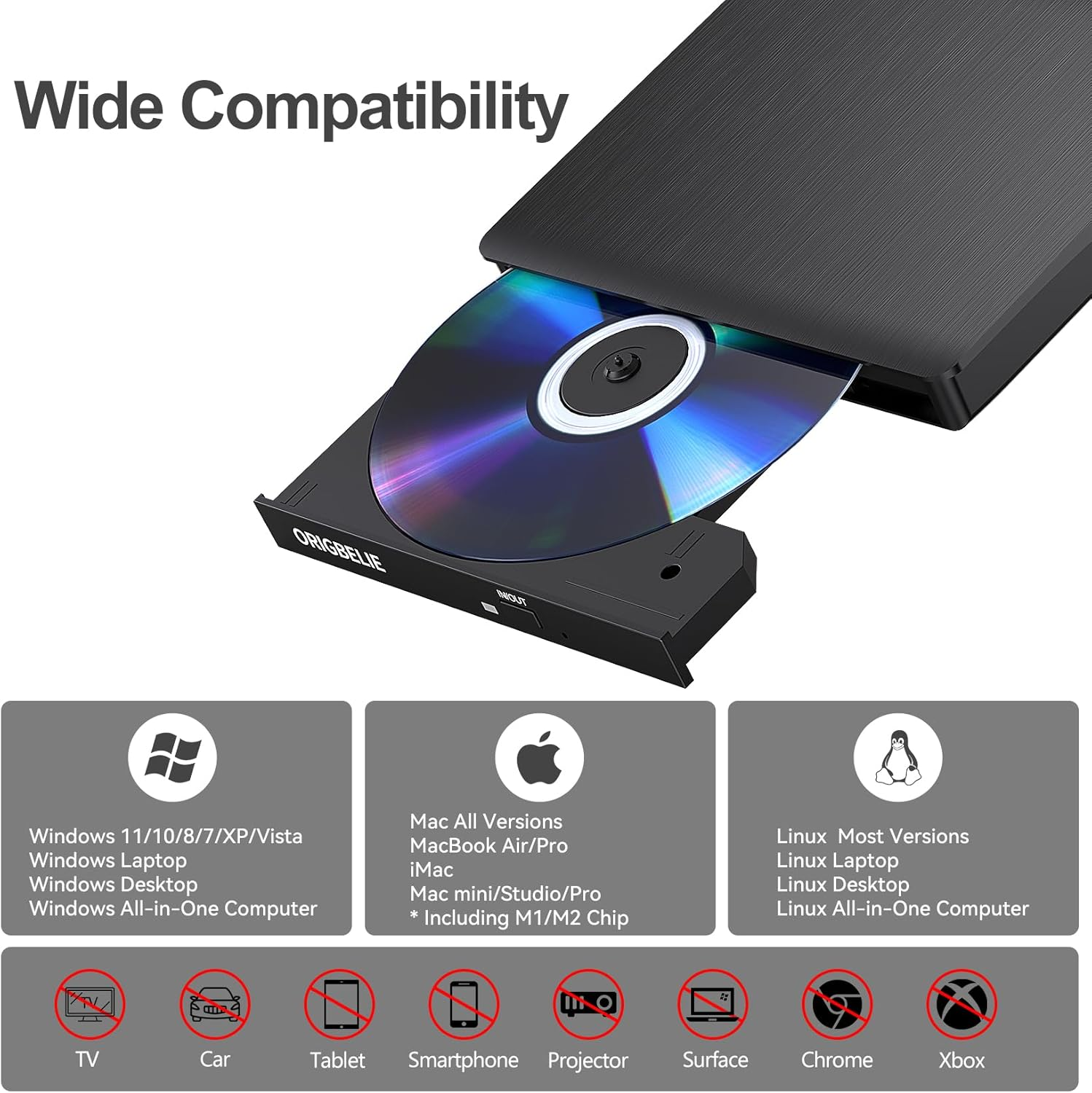 Schwarzer externer DVD-Brenner mit eingelegter Disc, zeigt breite Kompatibilität mit PCs.
