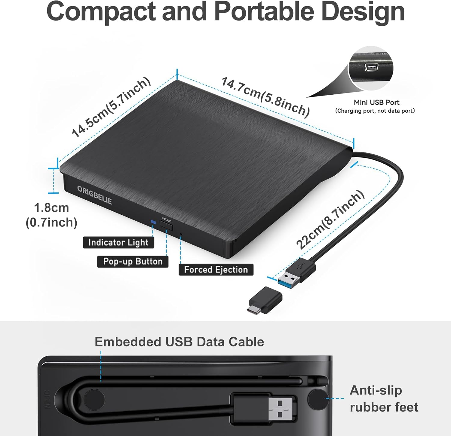 Schwarzes externes Laufwerk mit USB-Kabel und Maßen.