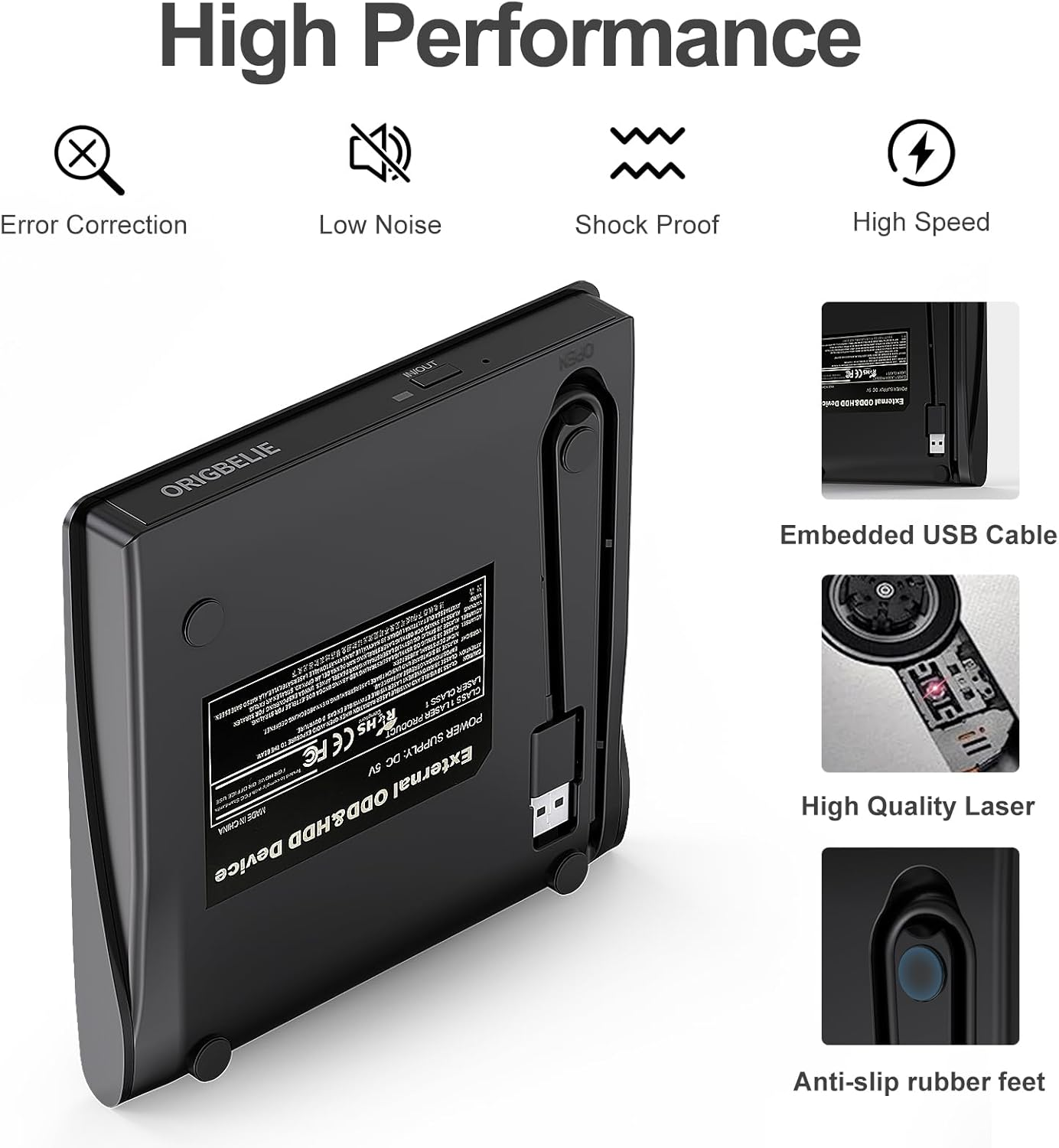 Schwarzes externes ODD/HDD-Gerät mit USB-Kabel, Laser und Gummifüßen.