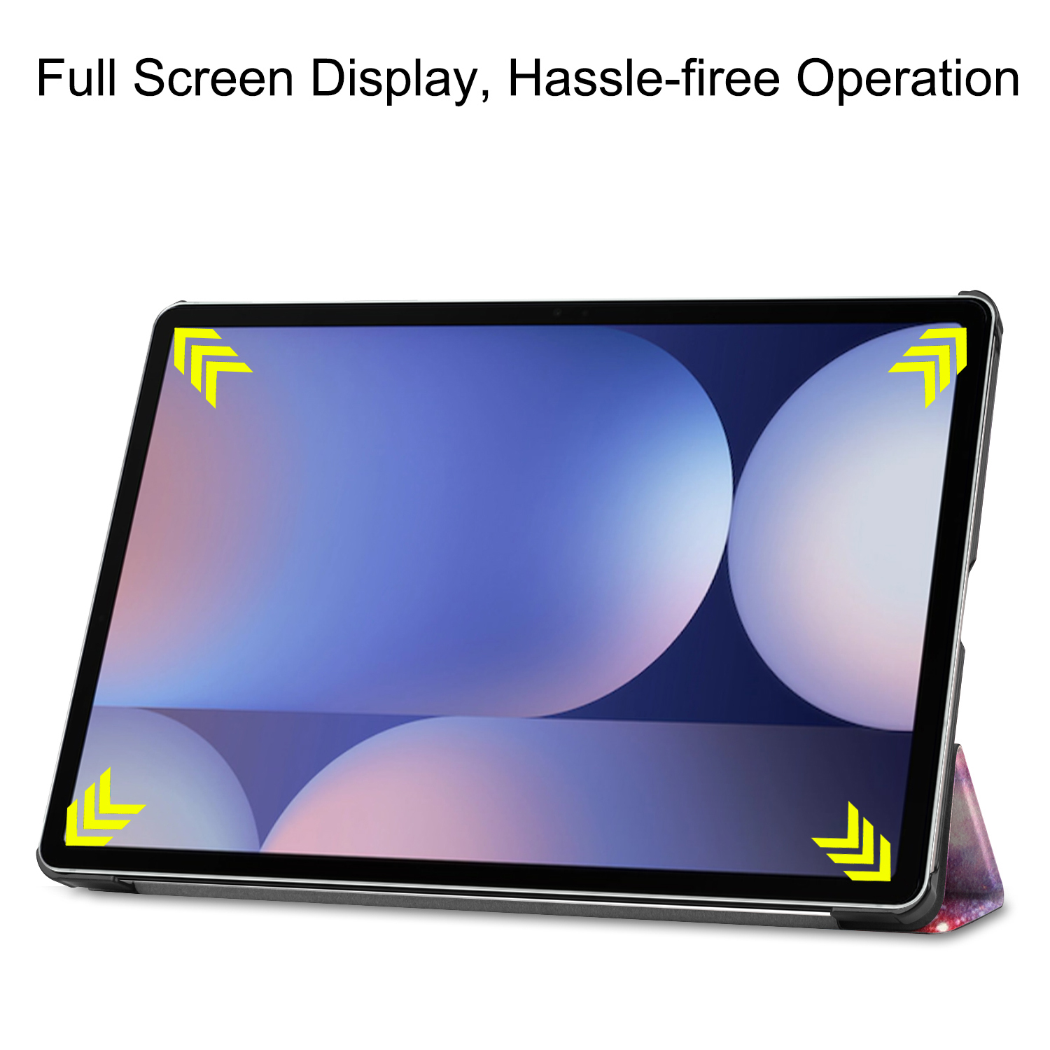 Un tablet con display a schermo intero e indicatori gialli agli angoli.