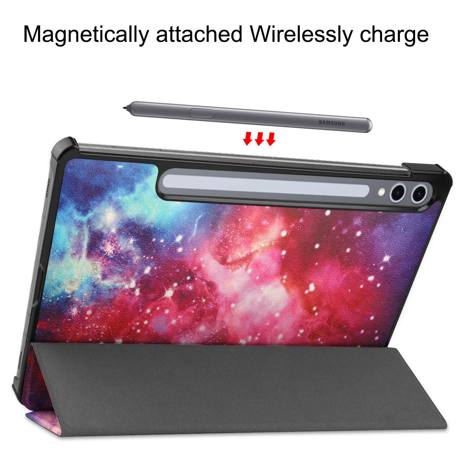 Tablet con design galassia, stilo attaccato magneticamente, in carica.