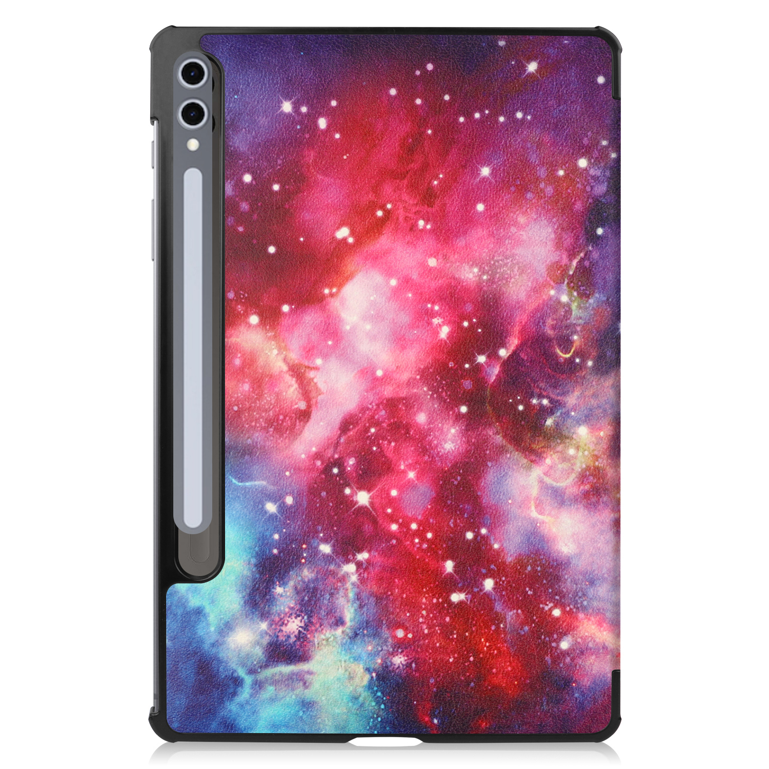 Custodia per tablet con stampa galassia viola, rossa e blu, con portapenne.
