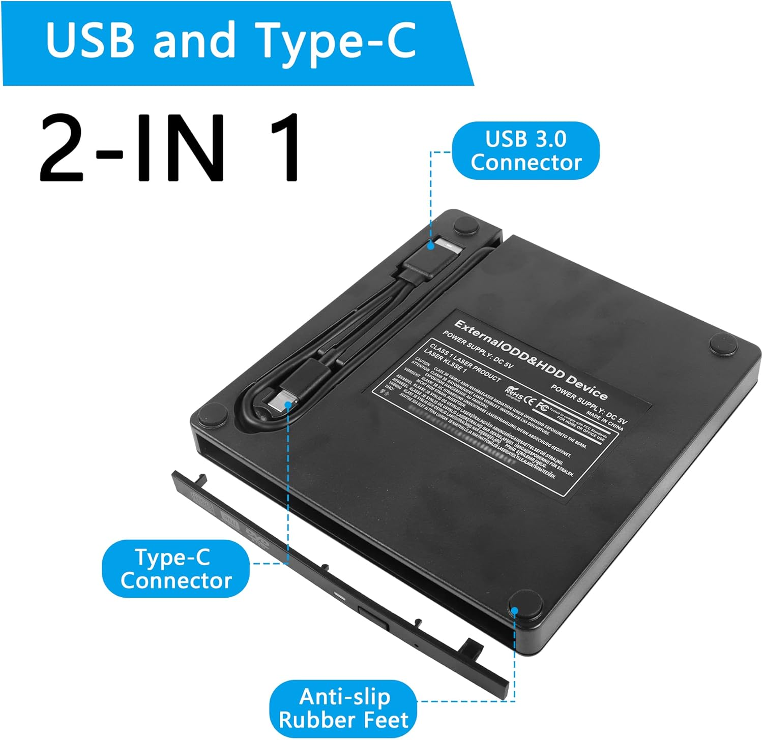 Schwarzes externes ODD/HDD-Gehäuse mit USB 3.0- und Typ-C-Anschlüssen.