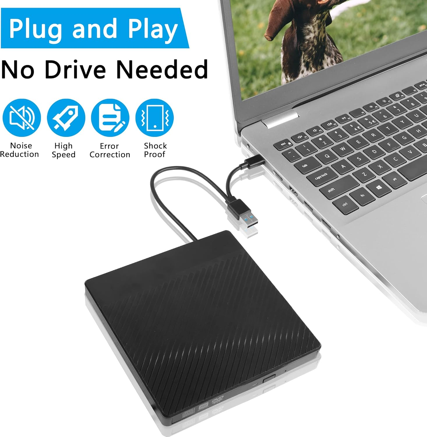 Schwarzer externer DVD-Brenner mit USB-Kabel, angeschlossen an einen Laptop.