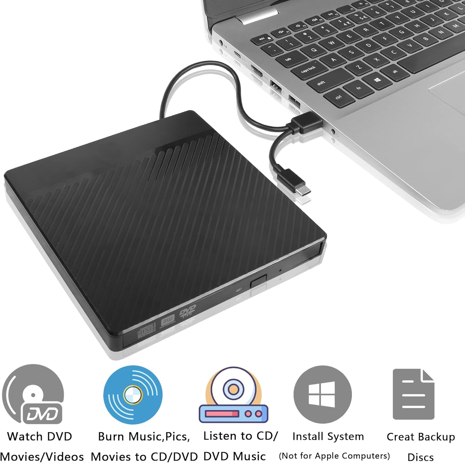 Ein schwarzes externes DVD-Laufwerk ist über USB an einen Laptop angeschlossen.