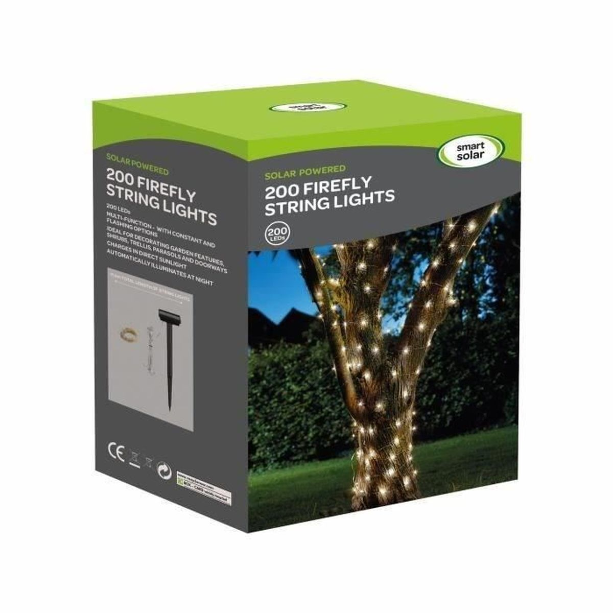 Verpackung für 200 solarbetriebene Lichterketten mit Glühwürmchen-Effekt, die einen Baum schmücken.
