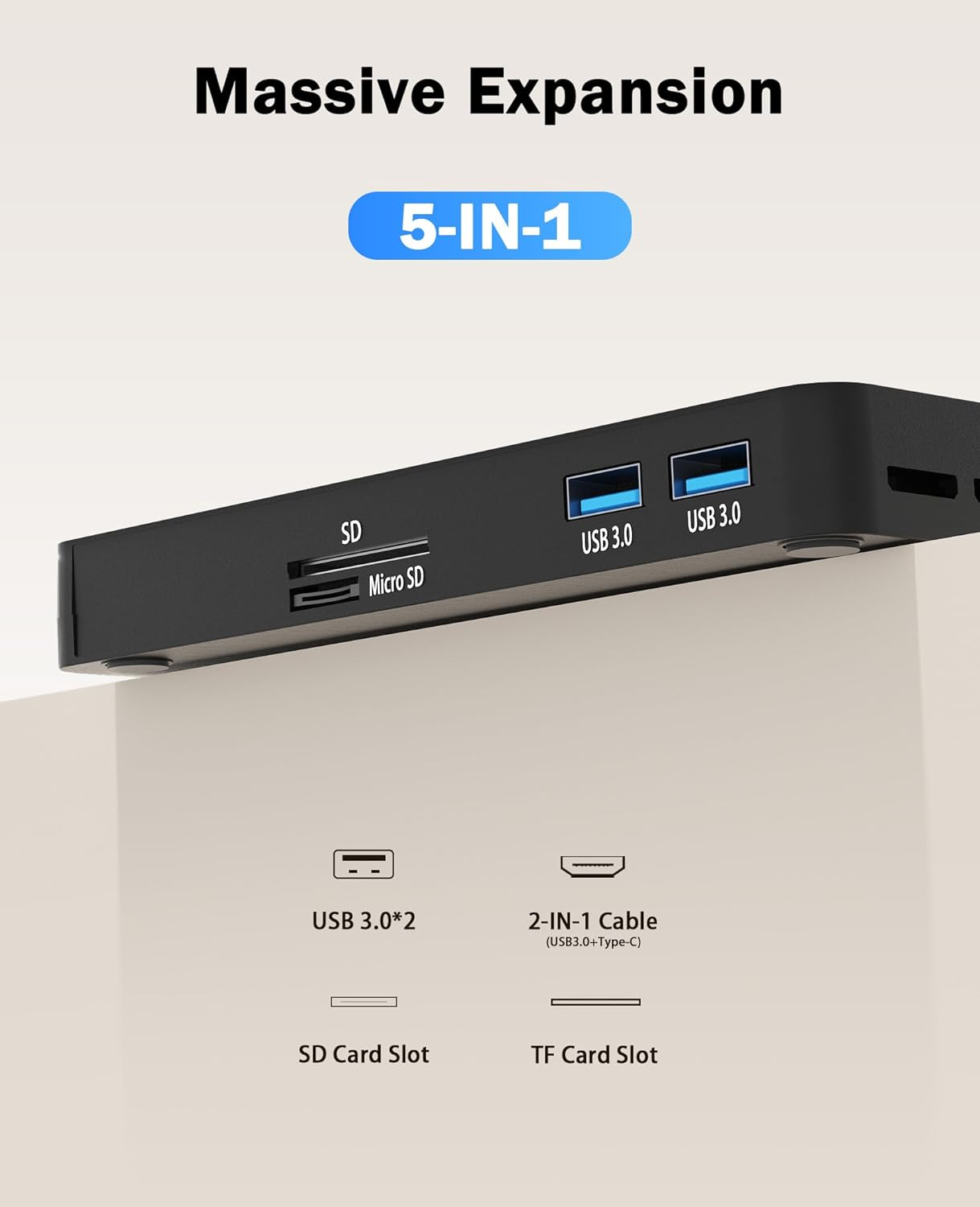 Schwarzer 5-in-1-Hub mit SD-, Micro-SD-, 2x USB-3.0-Ports, Kabel.