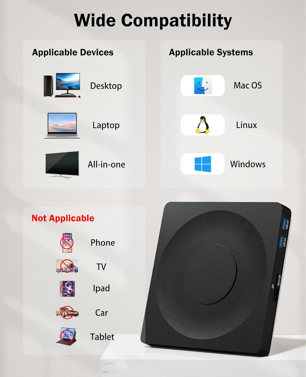 Breite Kompatibilität: Desktop, Laptop, All-in-One. Systeme: Mac OS, Linux, Windows. Nicht zutreffend: Handy, TV, iPad, Auto, Tablet.