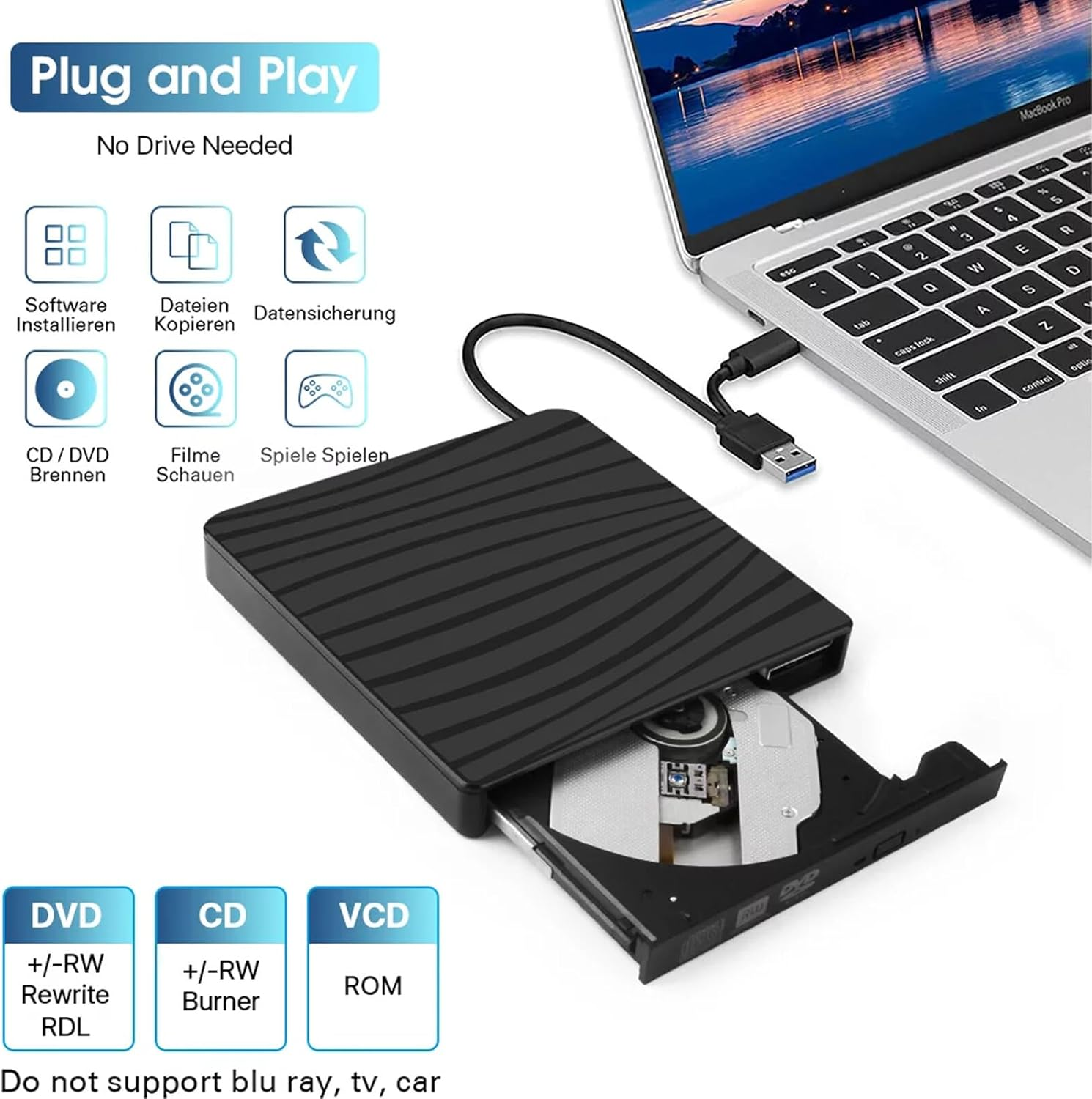 Schwarzer externer USB-CD/DVD-Brenner neben einem MacBook Pro.