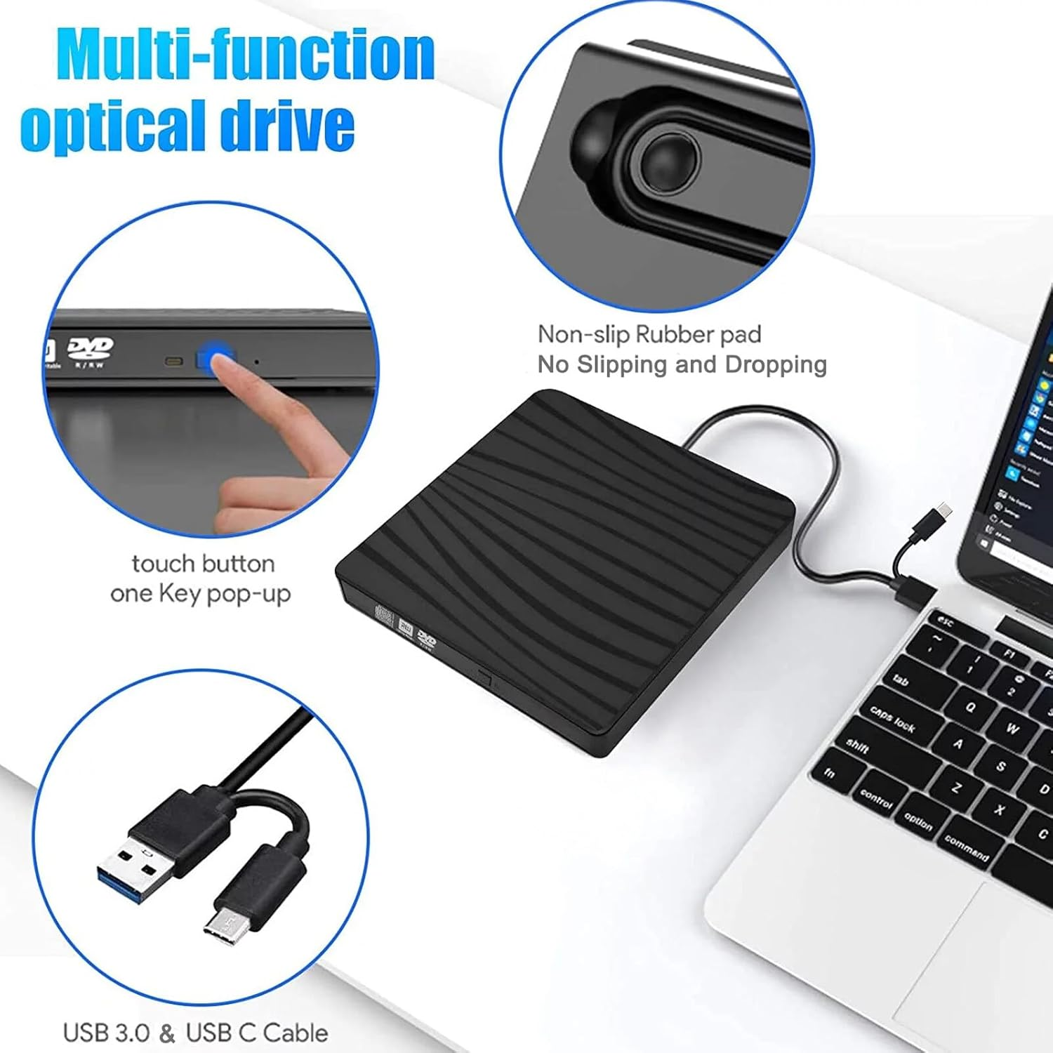 Ein schwarzes, multifunktionales optisches Laufwerk mit USB-C- und USB-3.0-Kabel, das an einen Laptop angeschlossen ist.