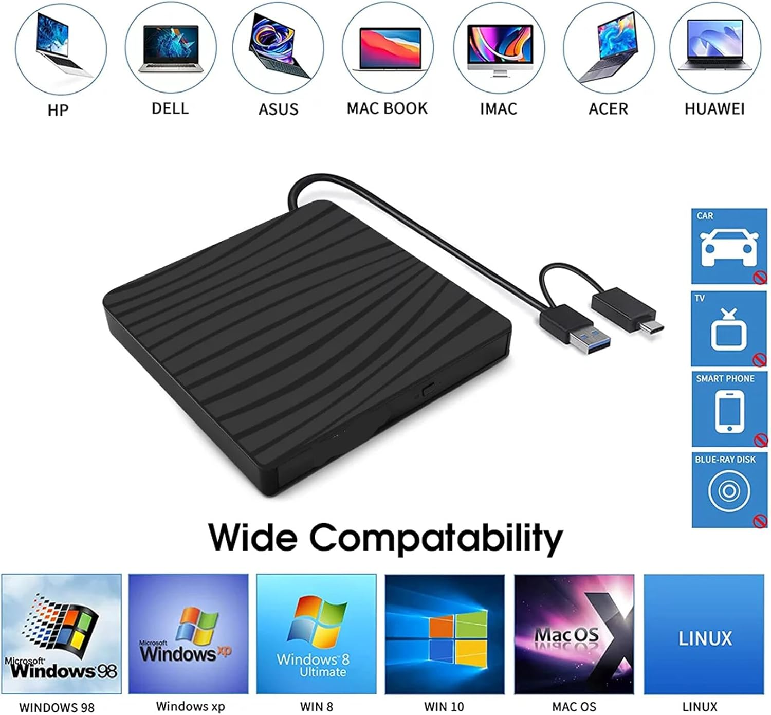 Schwarzer externer Blu-ray-USB-C-DL-Brenner mit Kabeln, kompatibel mit vielen Geräten.