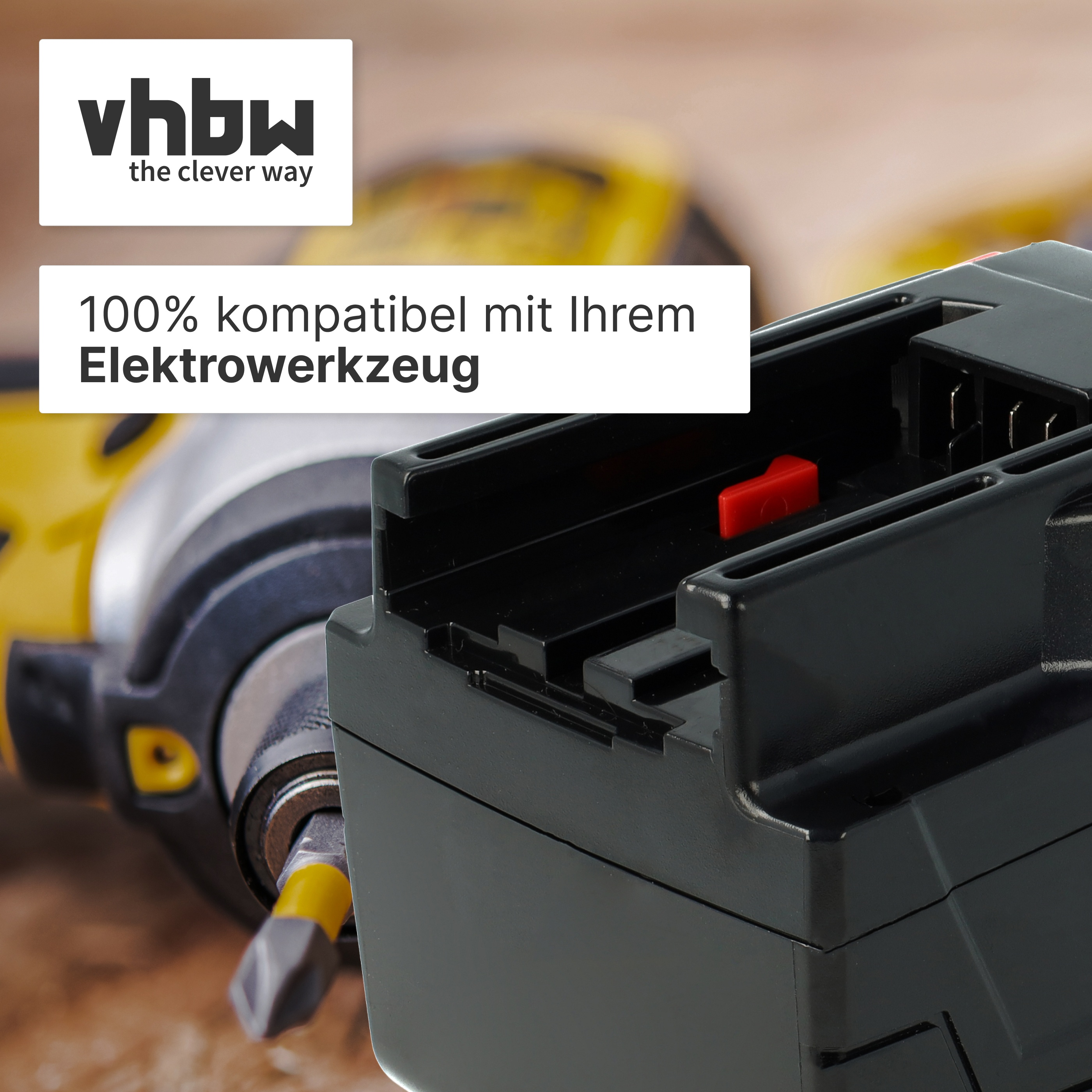 Schwarzer Akku für Elektrowerkzeug mit rotem Knopf, daneben ein Schrauber.