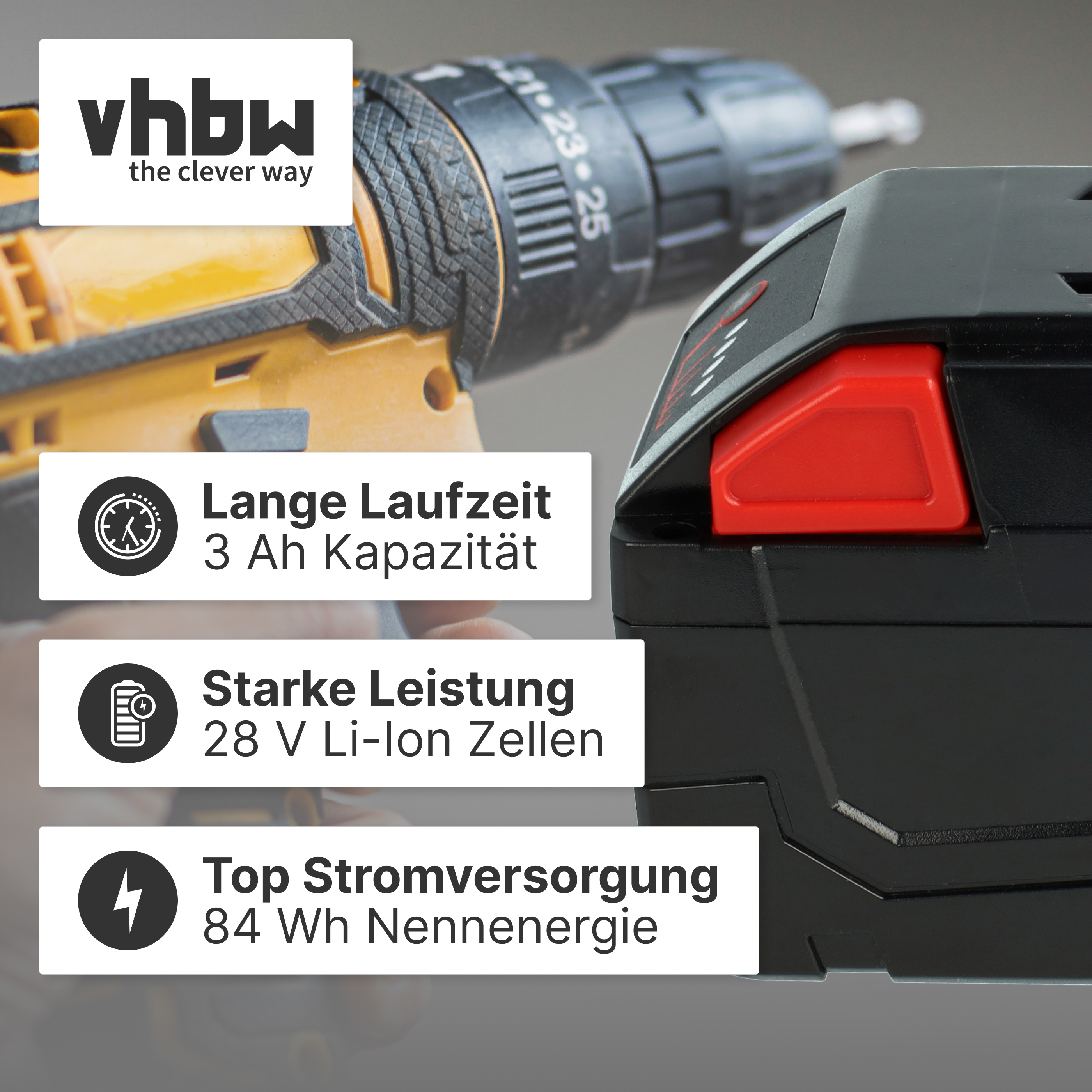 Ein Akkuschrauber mit Aufdrucken: Lange Laufzeit, Starke Leistung, Top Stromversorgung.