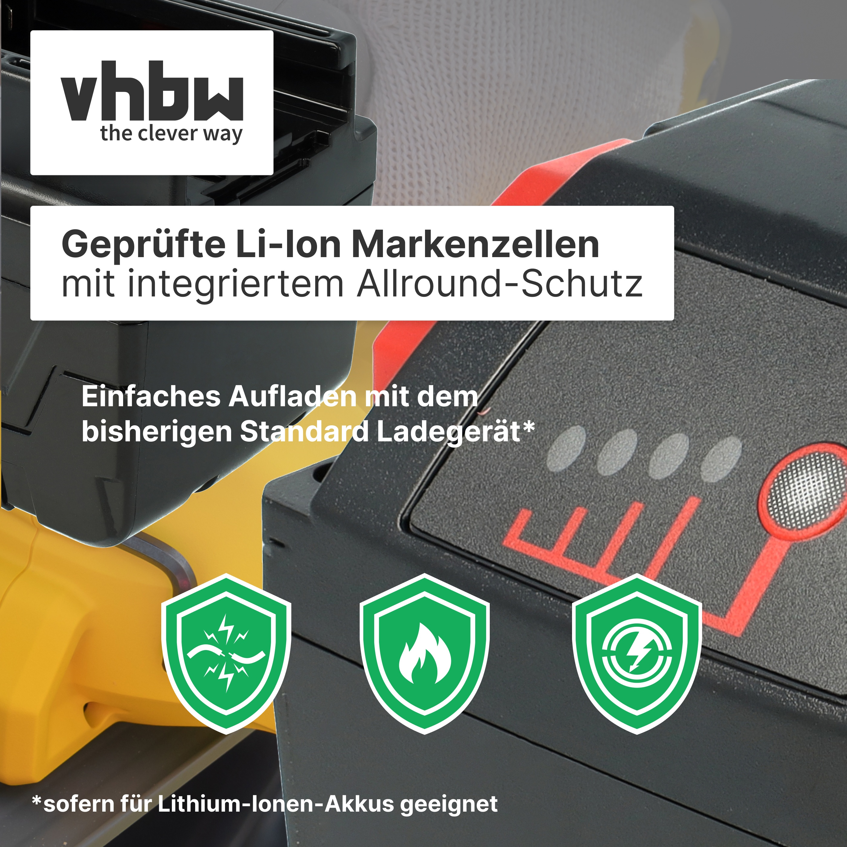 vhbw Logo, Lithium-Ionen-Akku mit Schutzsymbolen und Ladeanzeige.