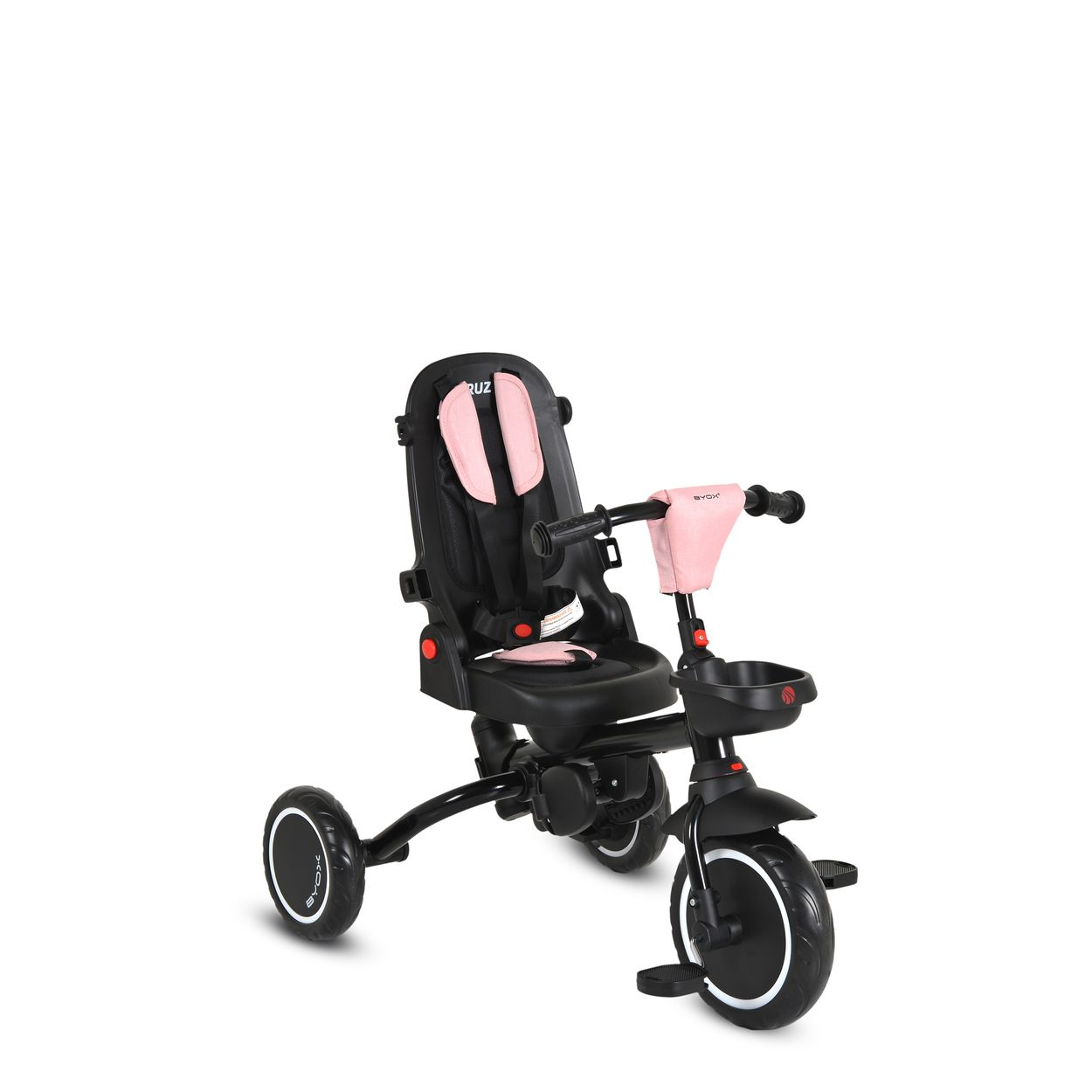Ein schwarzer und pinker Kinderdreirad mit Sicherheitssitz und Lenker.