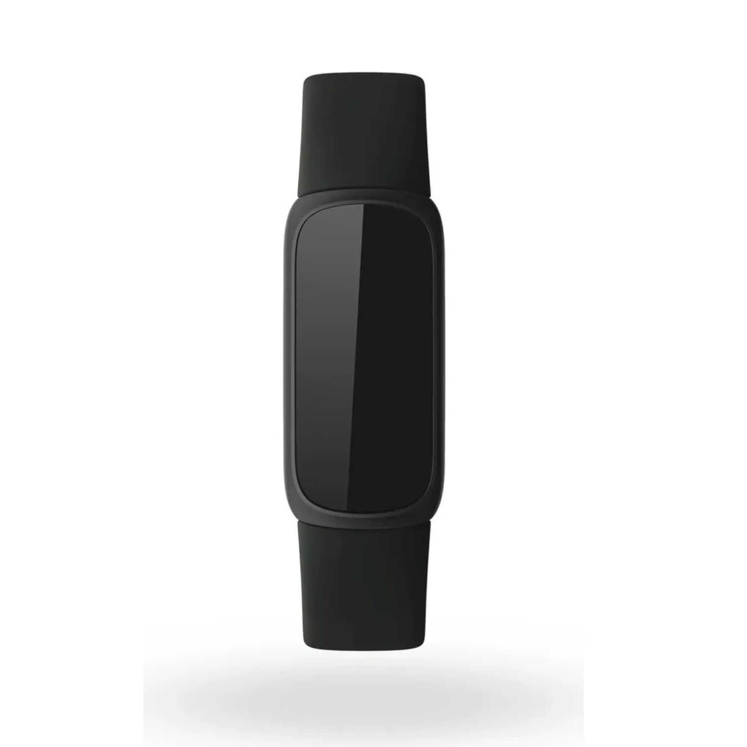 Schwarzes Fitnessarmband mit dunklem, rechteckigem Bildschirm, das auf weißem Hintergrund schwebt.