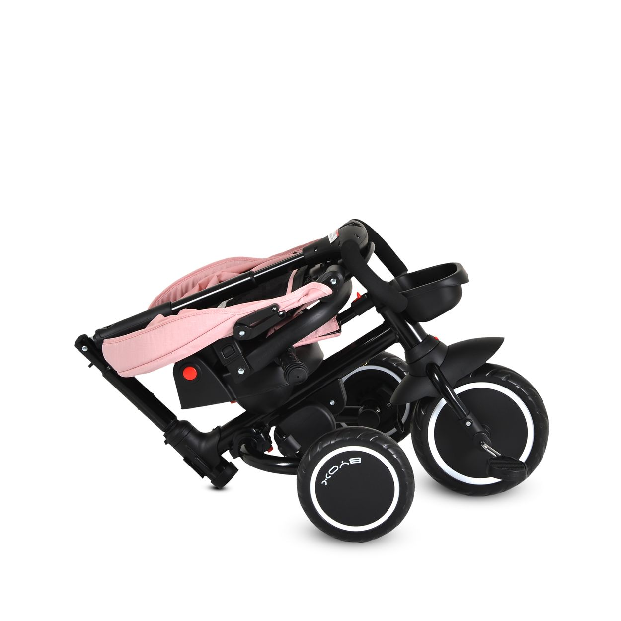 Ein zusammengeklapptes rosa Dreirad mit schwarzem Rahmen und Rädern.