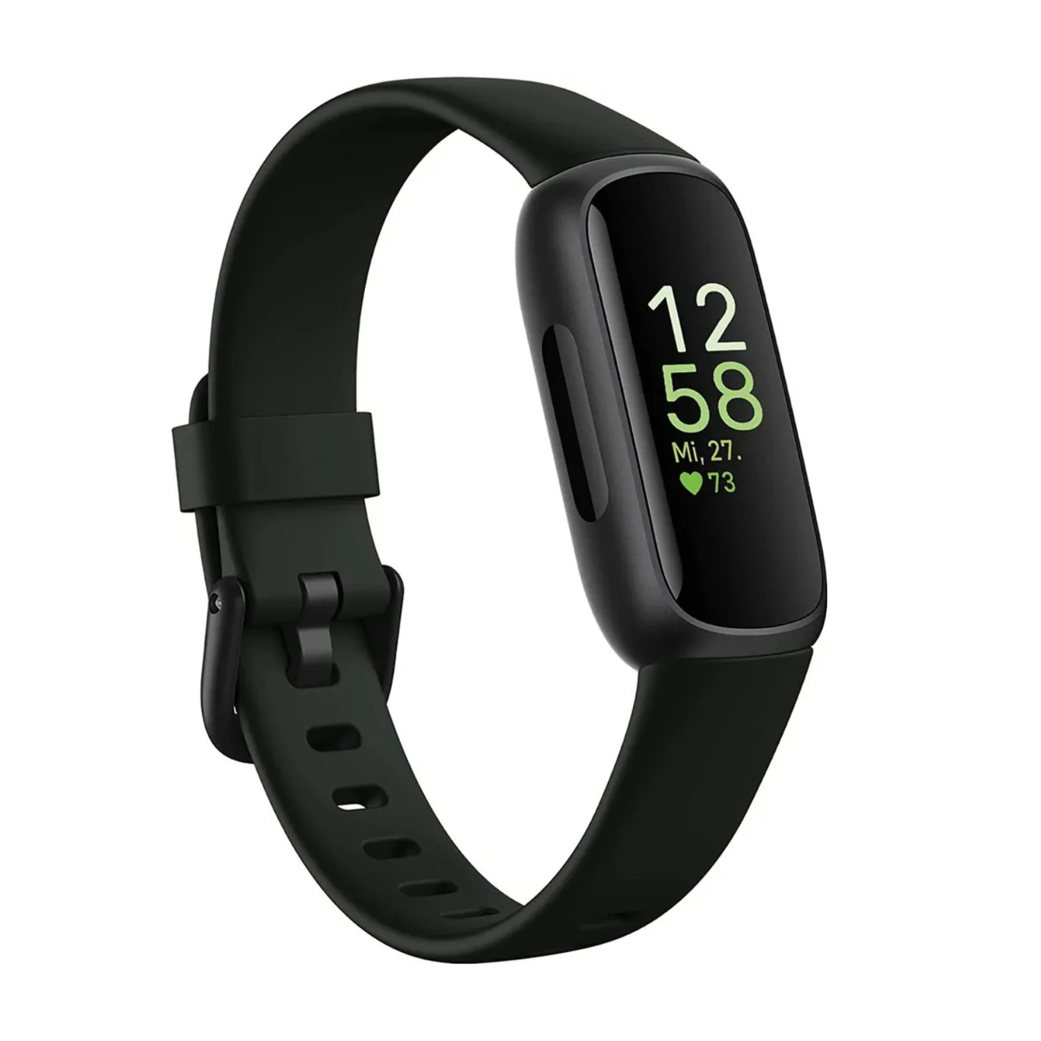 Schwarzer Fitbit Inspire 3 Fitness-Tracker mit schwarzem Armband, zeigt Uhrzeit und Herzfrequenz.