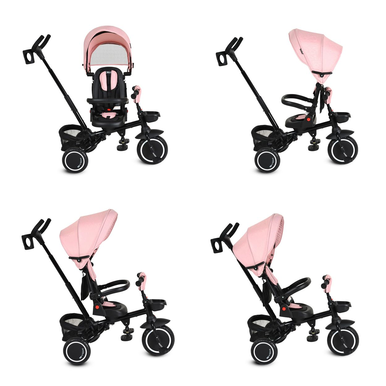 Vier Ansichten eines pink-schwarzen Kinderdreirads mit Verdeck und Schiebegriff.