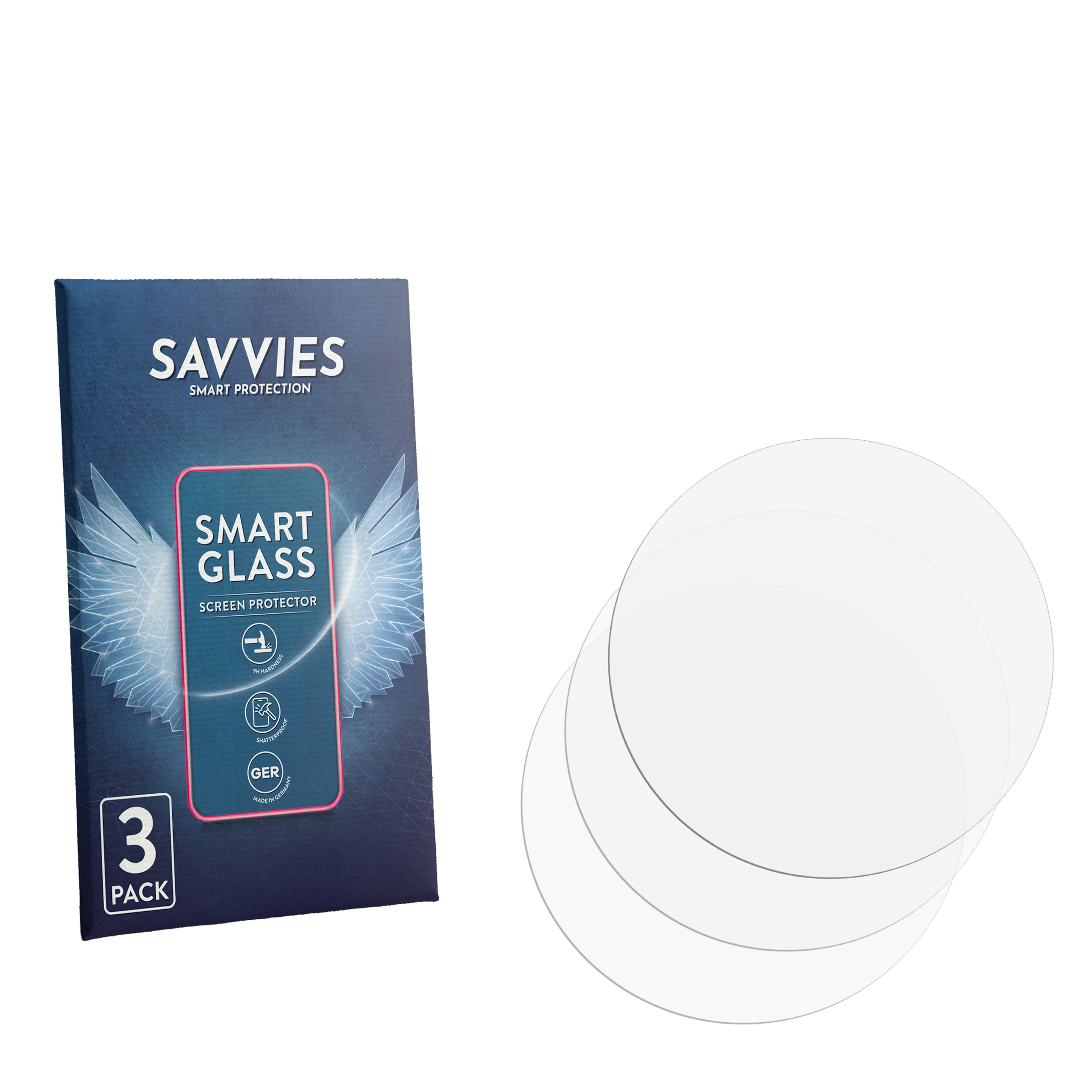 Verpackung für 3 Displayschutzfolien aus Glas, daneben 3 runde Folien.