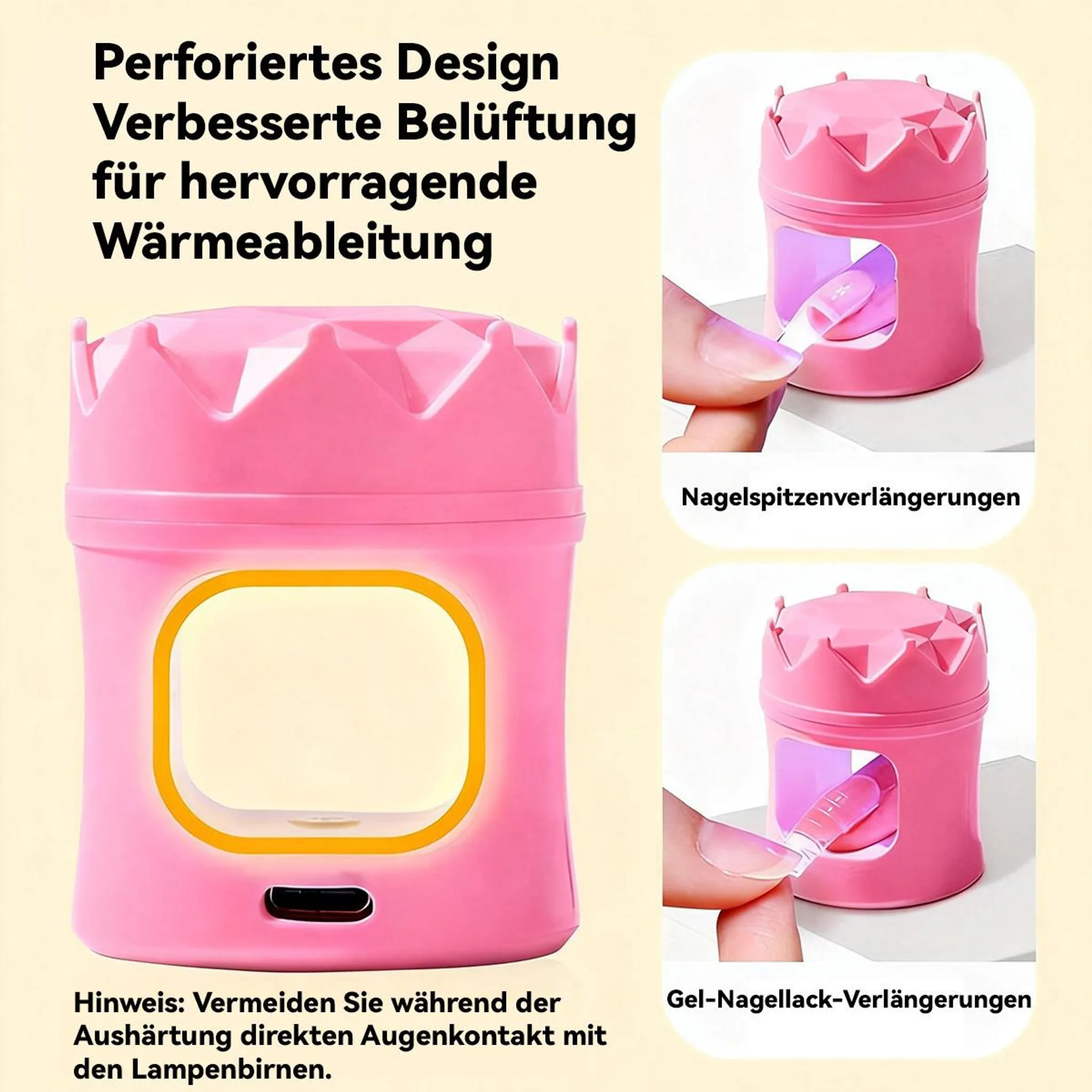 Ein rosa Nagel-UV-Trockner mit Krone, der Nagelverlängerungen zeigt.