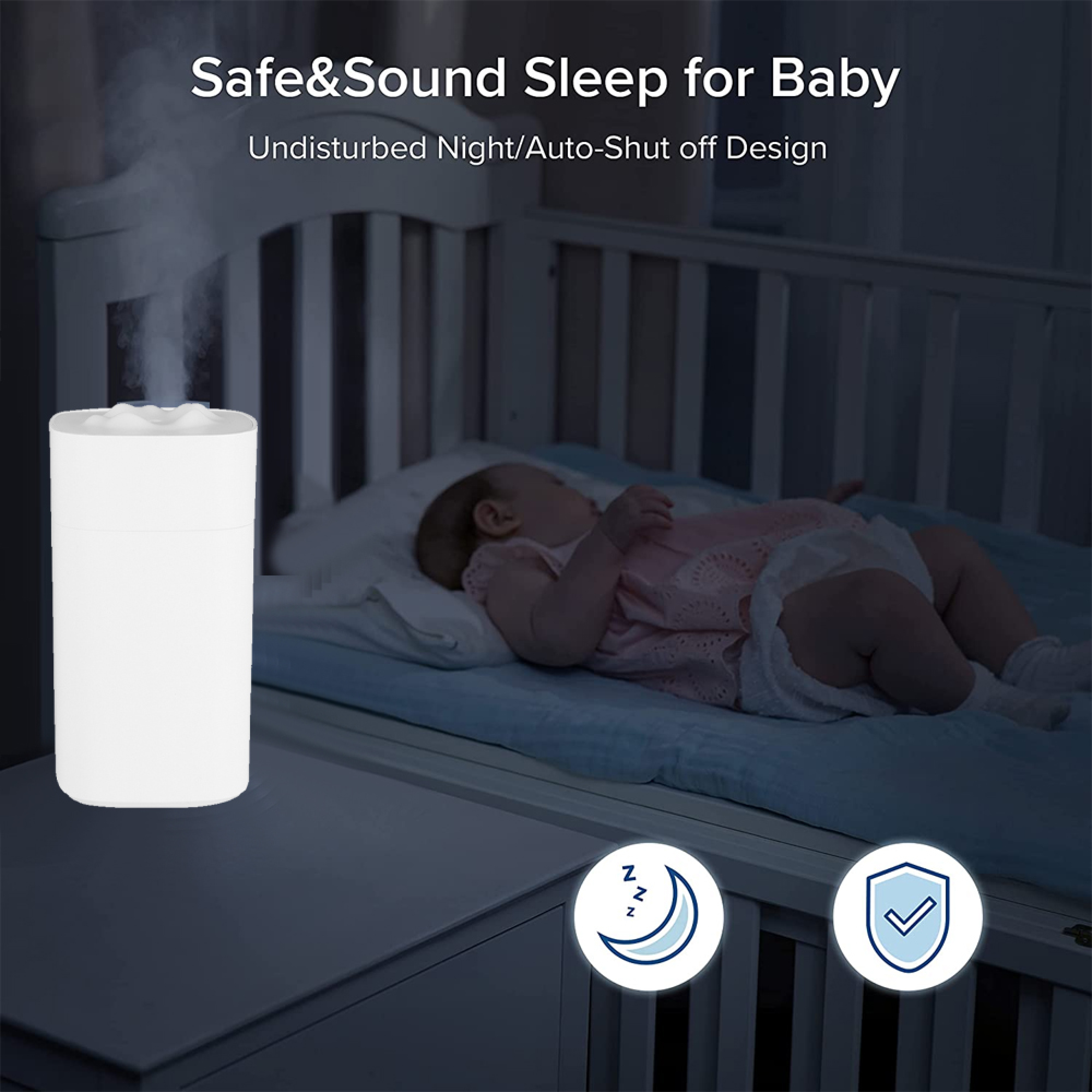 Ein weißer Luftbefeuchter erzeugt Nebel neben einem Baby, das in einem Bett schläft.