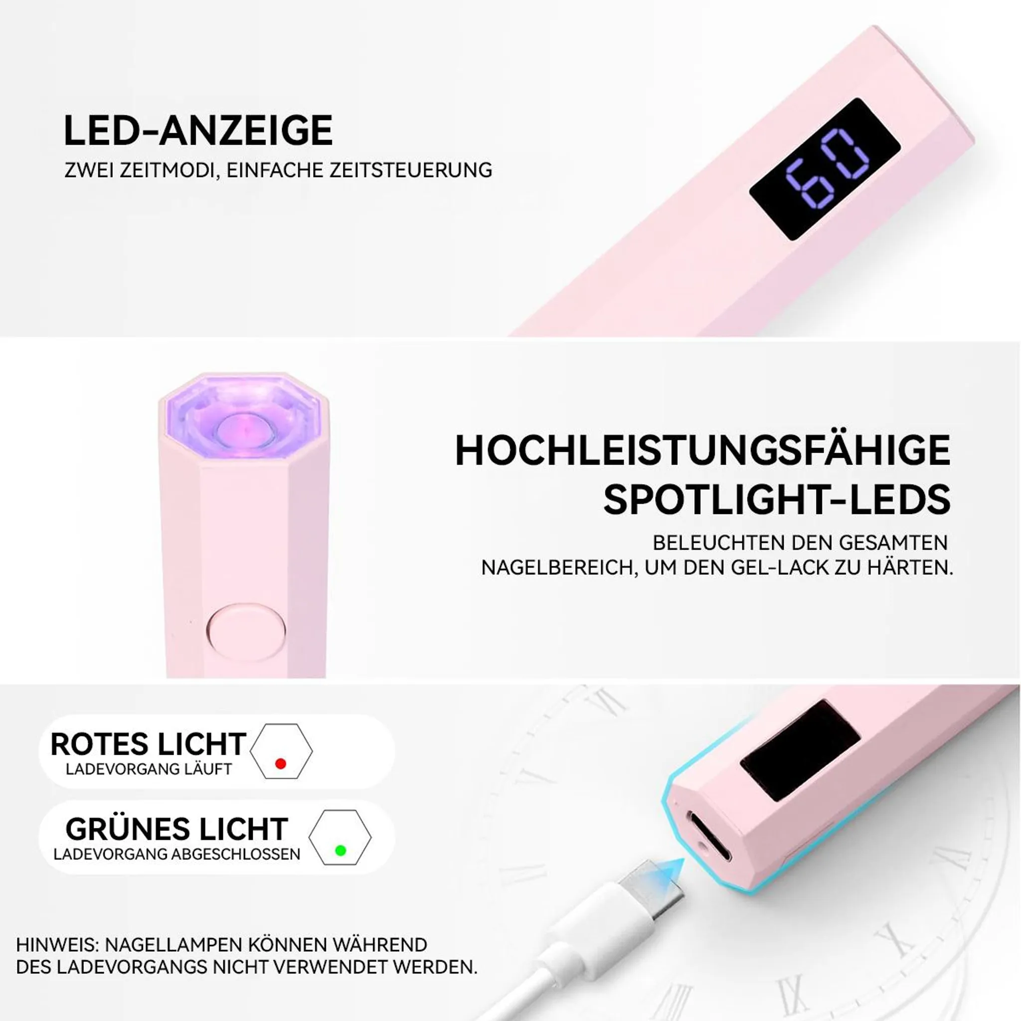 Ein rosa Nagel-LED-Gerät mit digitaler Anzeige und USB-C-Anschluss, das gelack trocknet.