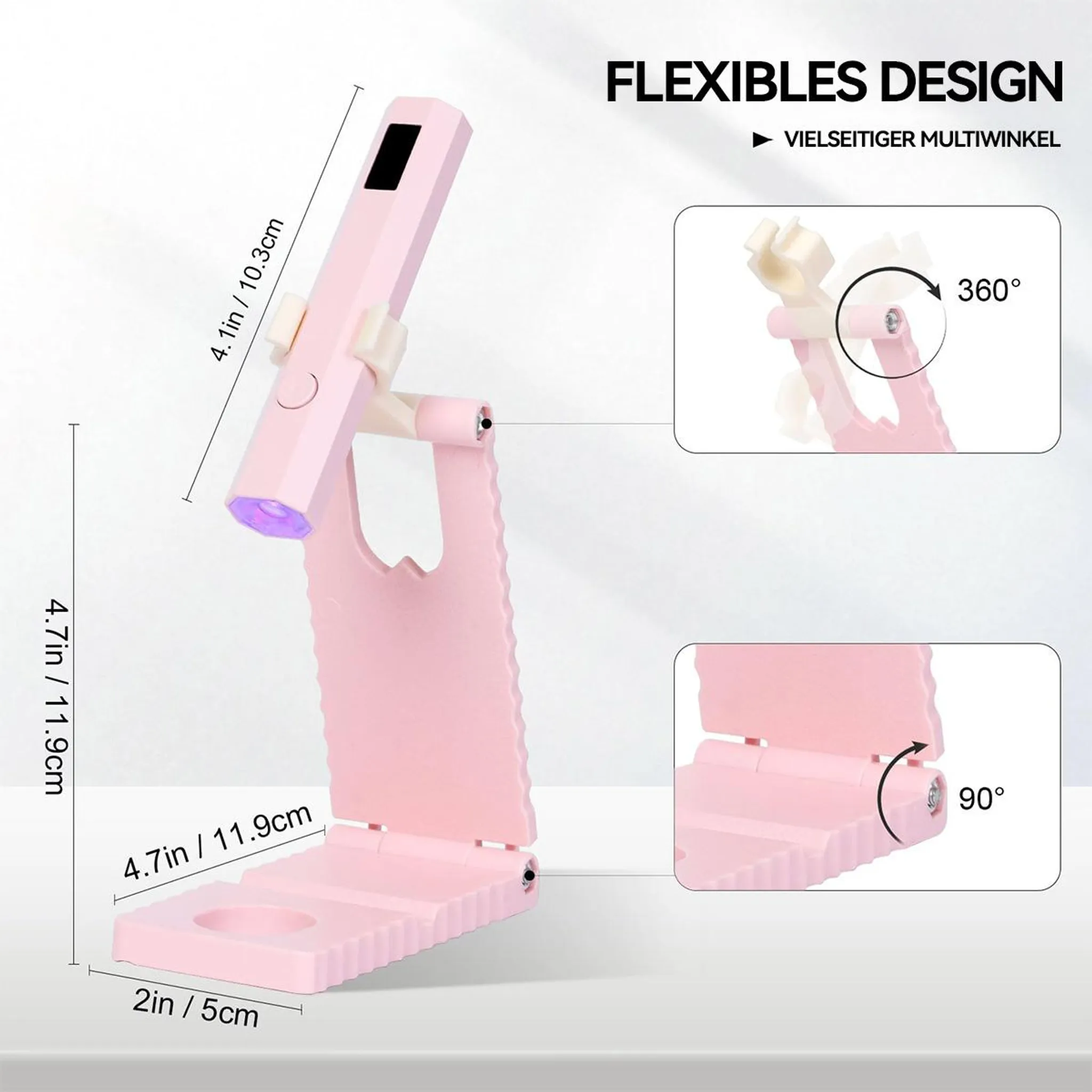 Ein rosa faltbarer Handyhalter mit flexibler Verstellung.
