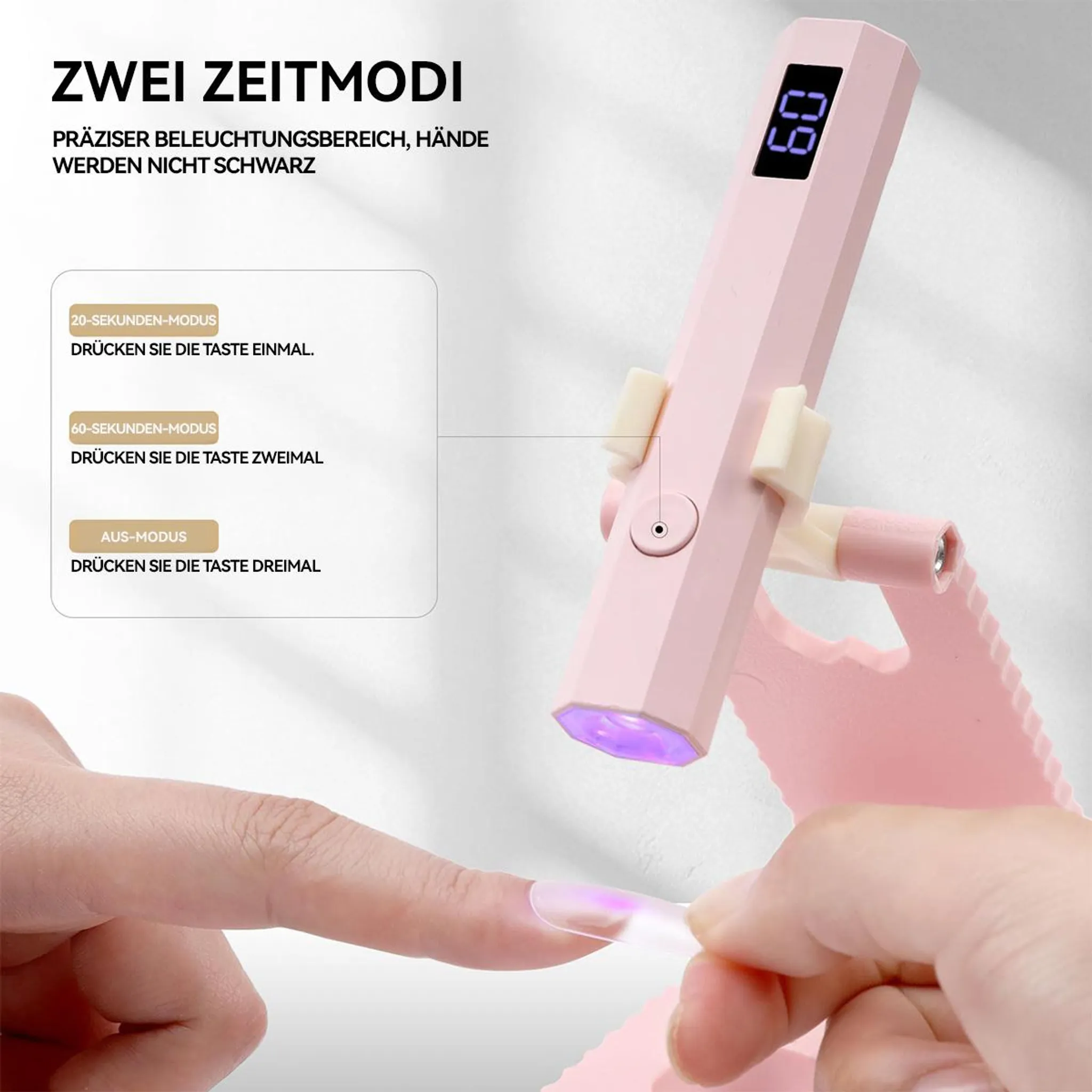 Eine pinke UV-Nagellampe mit digitaler Anzeige leuchtet auf einen Fingernagel.