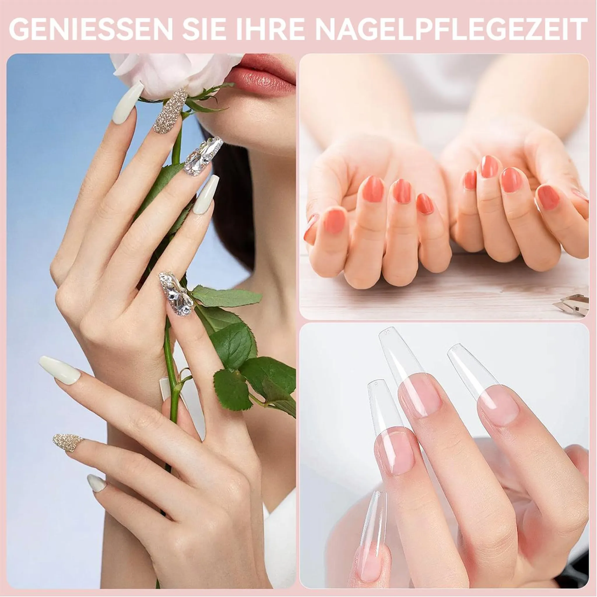 Collage von Händen mit verschiedenen Nageldesigns, von dezent bis extravagant.