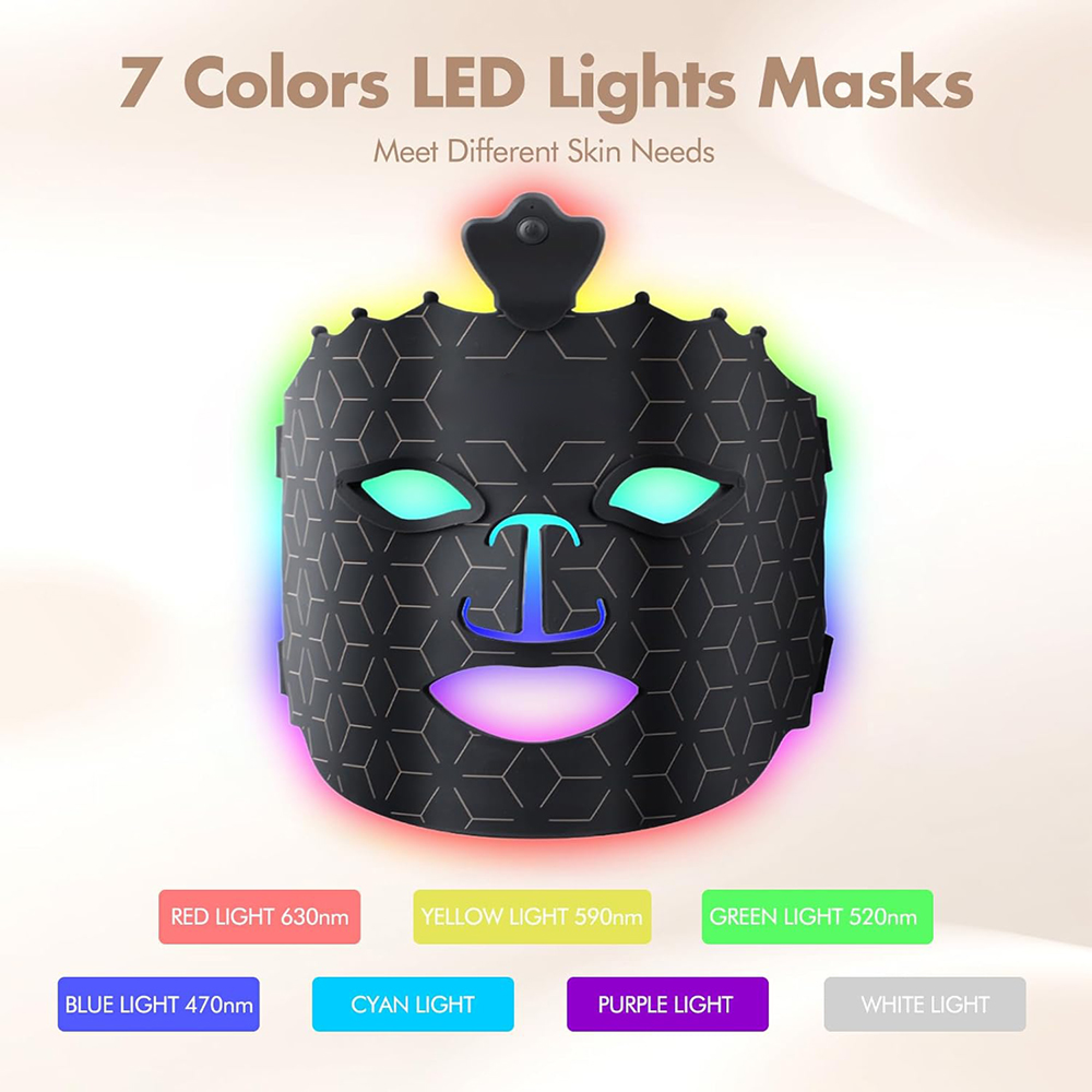Eine schwarze LED-Gesichtsmaske mit Mustern und bunten Lichtern.
