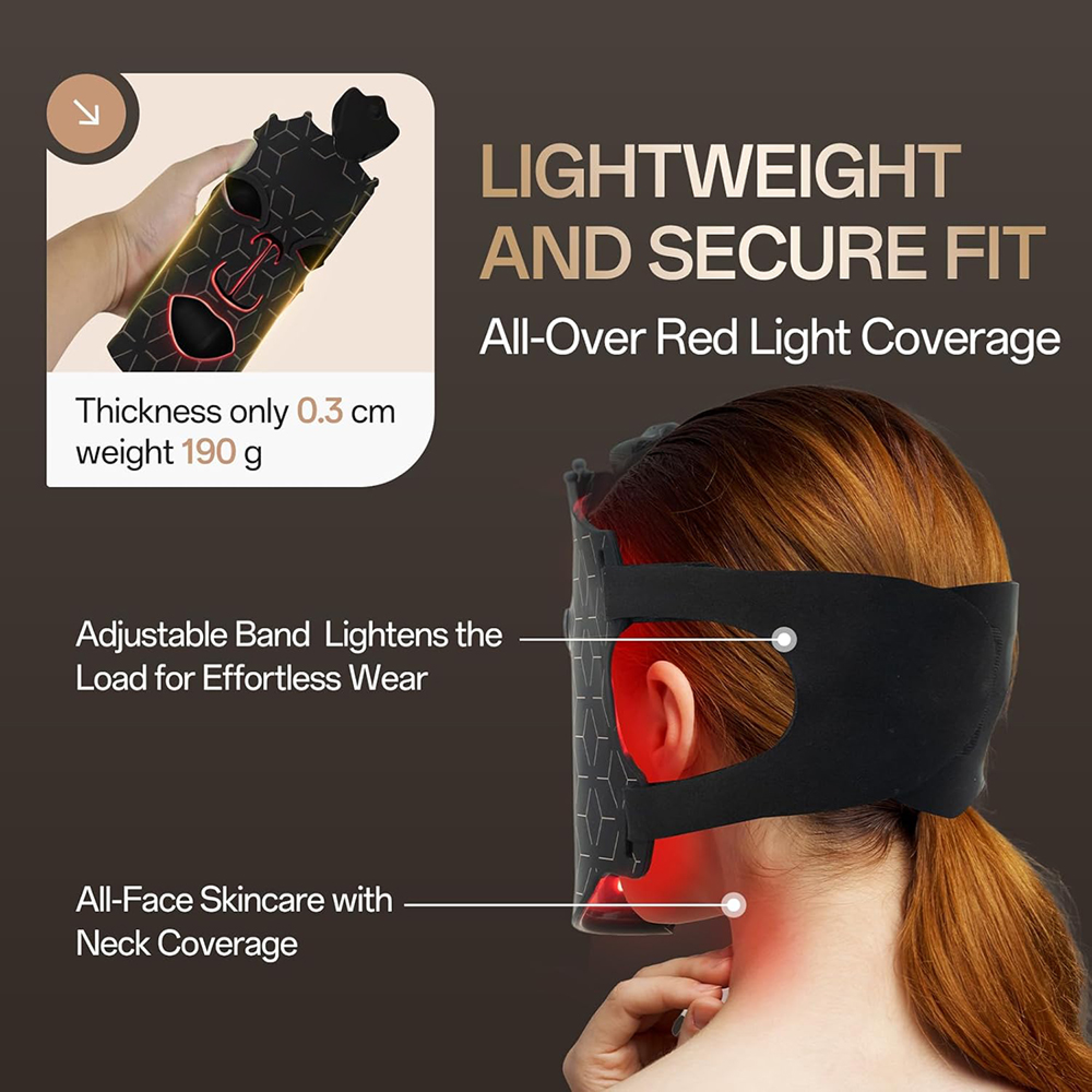Leichte Gesichtsmaske mit Rotlichttherapie, 0,3 cm dick, 190 g schwer.
