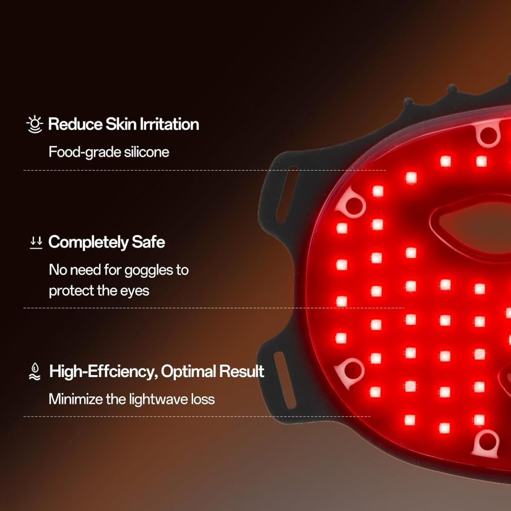 Rote LED-Gesichtsmaske mit Text, der Hautreizung, Sicherheit und Effizienz hervorhebt.