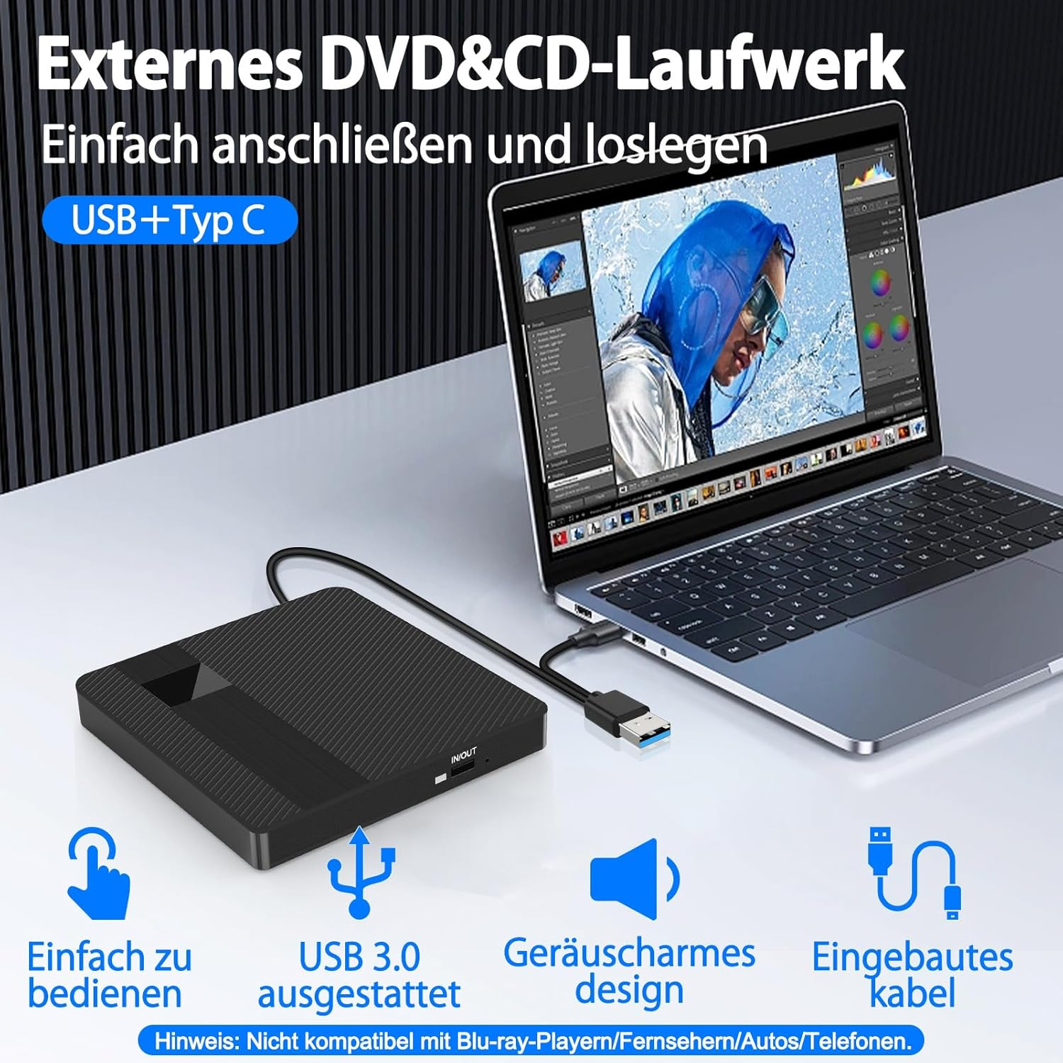 Externes DVD/CD-Laufwerk angeschlossen an Laptop, USB 3.0, leise.