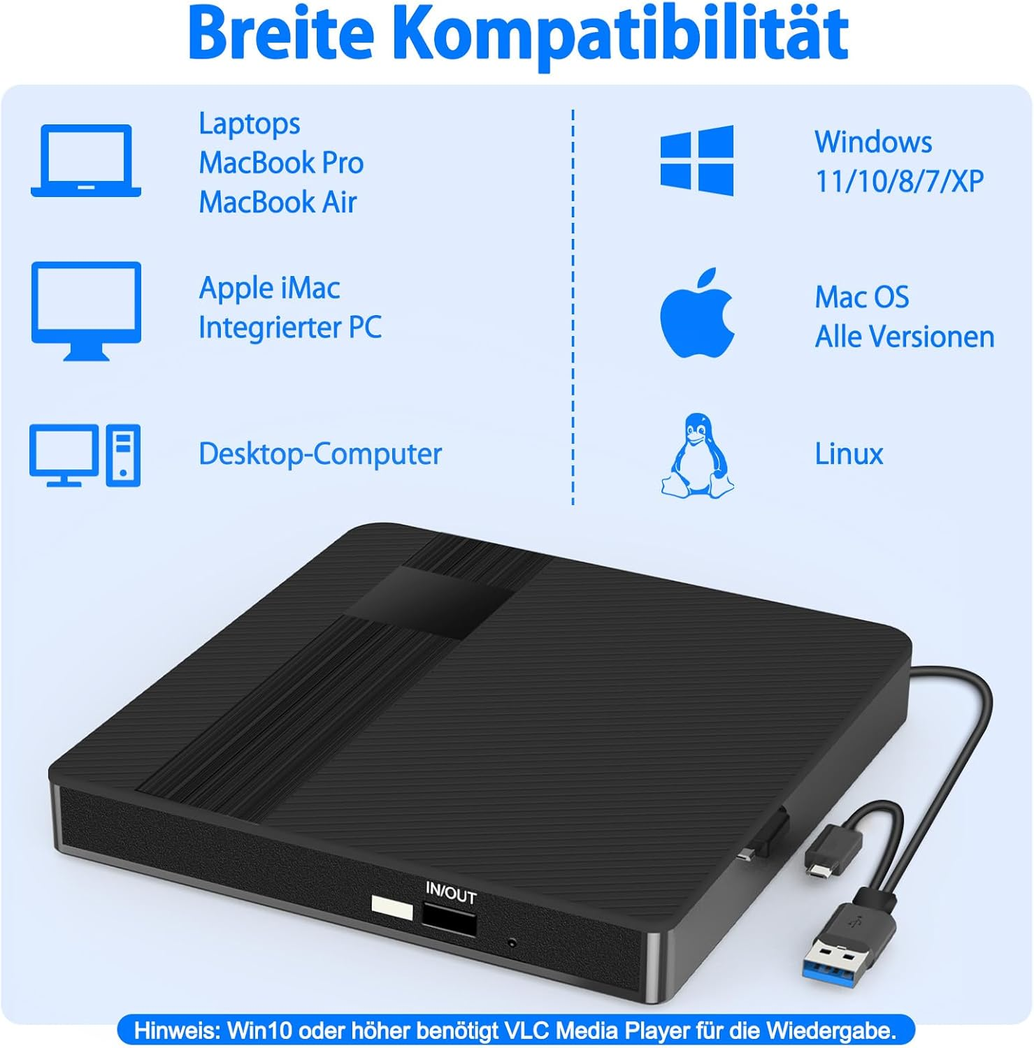 Breite Kompatibilität von Geräten und Betriebssystemen mit schwarzem Mediaplayer.