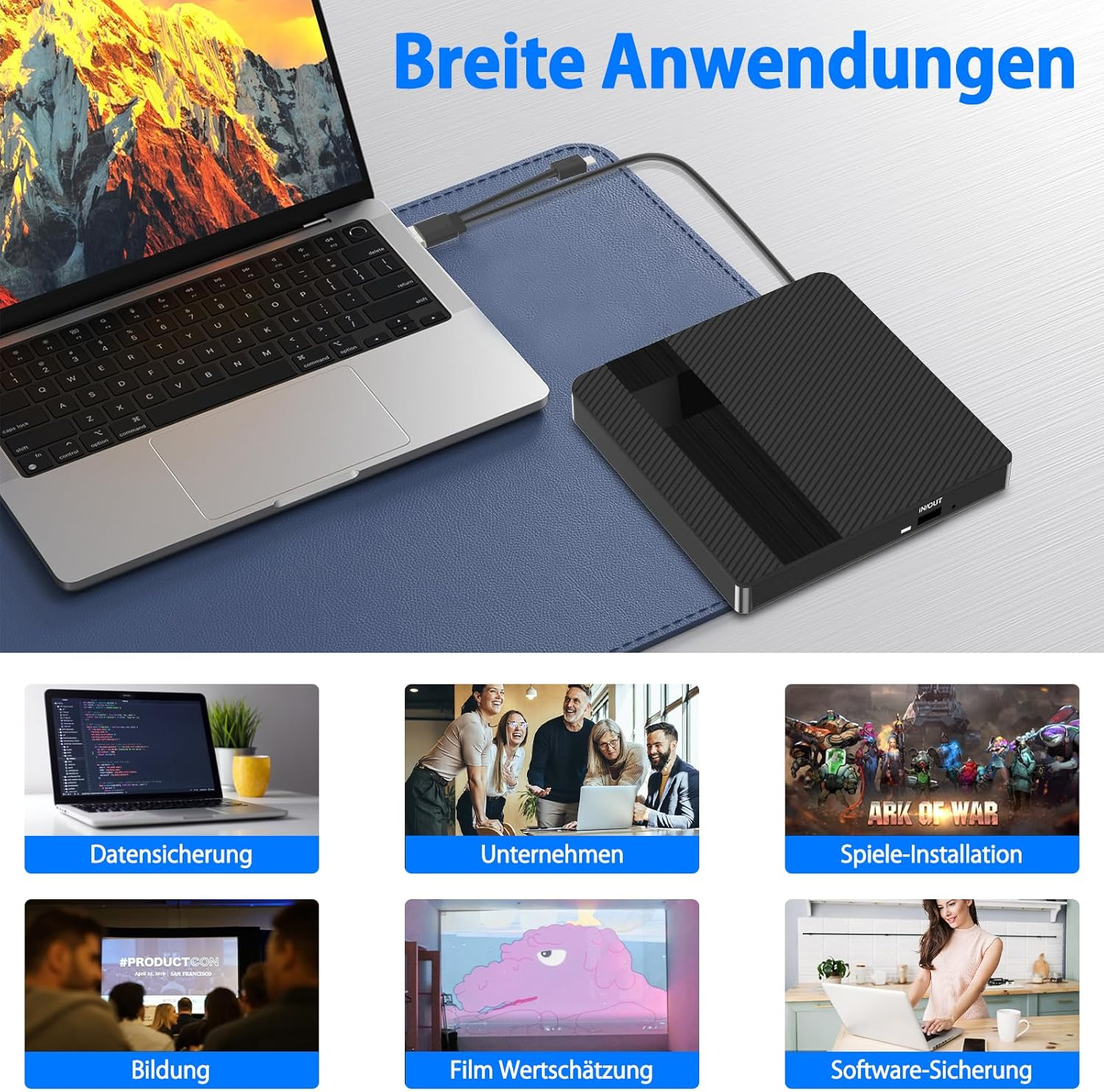 Laptop mit externer Festplatte und Anwendungsbeispielen.