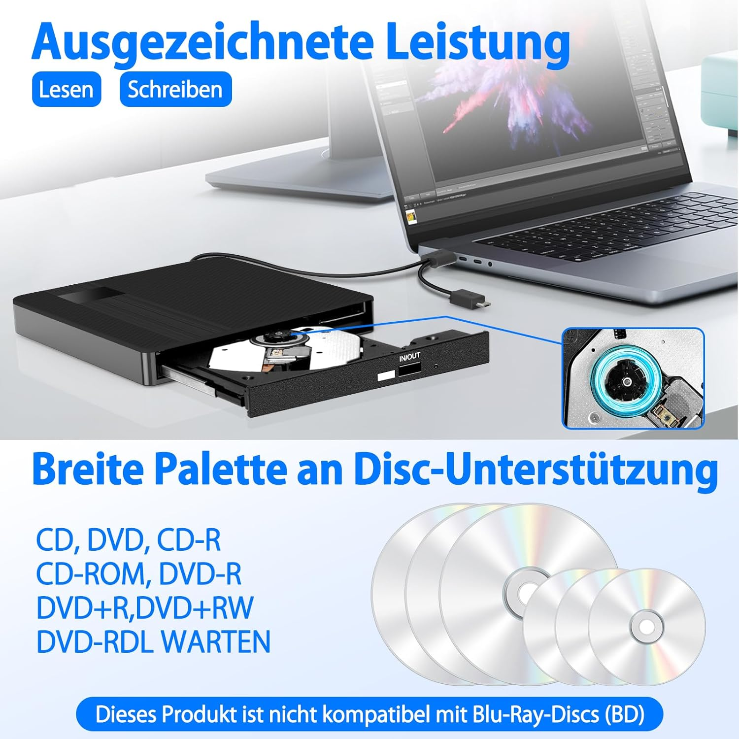 Externes Laufwerk für CDs und DVDs, verbunden mit einem Laptop. Mehrere Discs sind abgebildet.