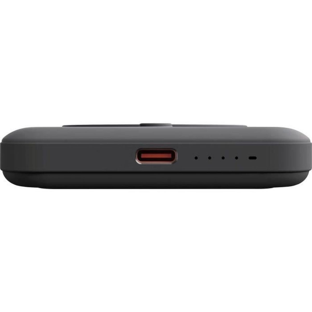 Schwarzes Ladegehäuse mit USB-C-Anschluss und vier Ladeanzeigen.