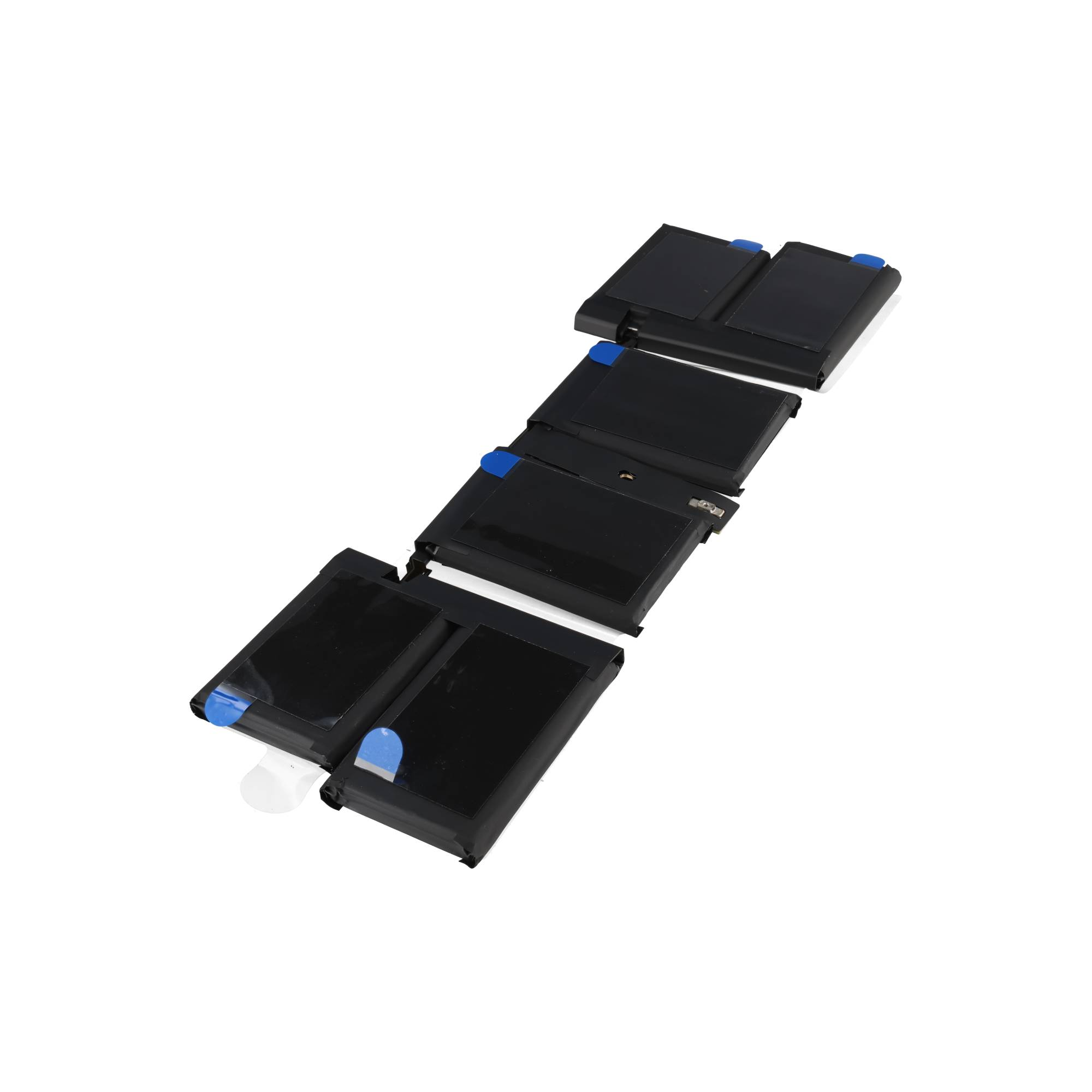 Mehrere schwarze Laptop-Akkupacks mit blauen Akzenten, auf weißem Hintergrund.