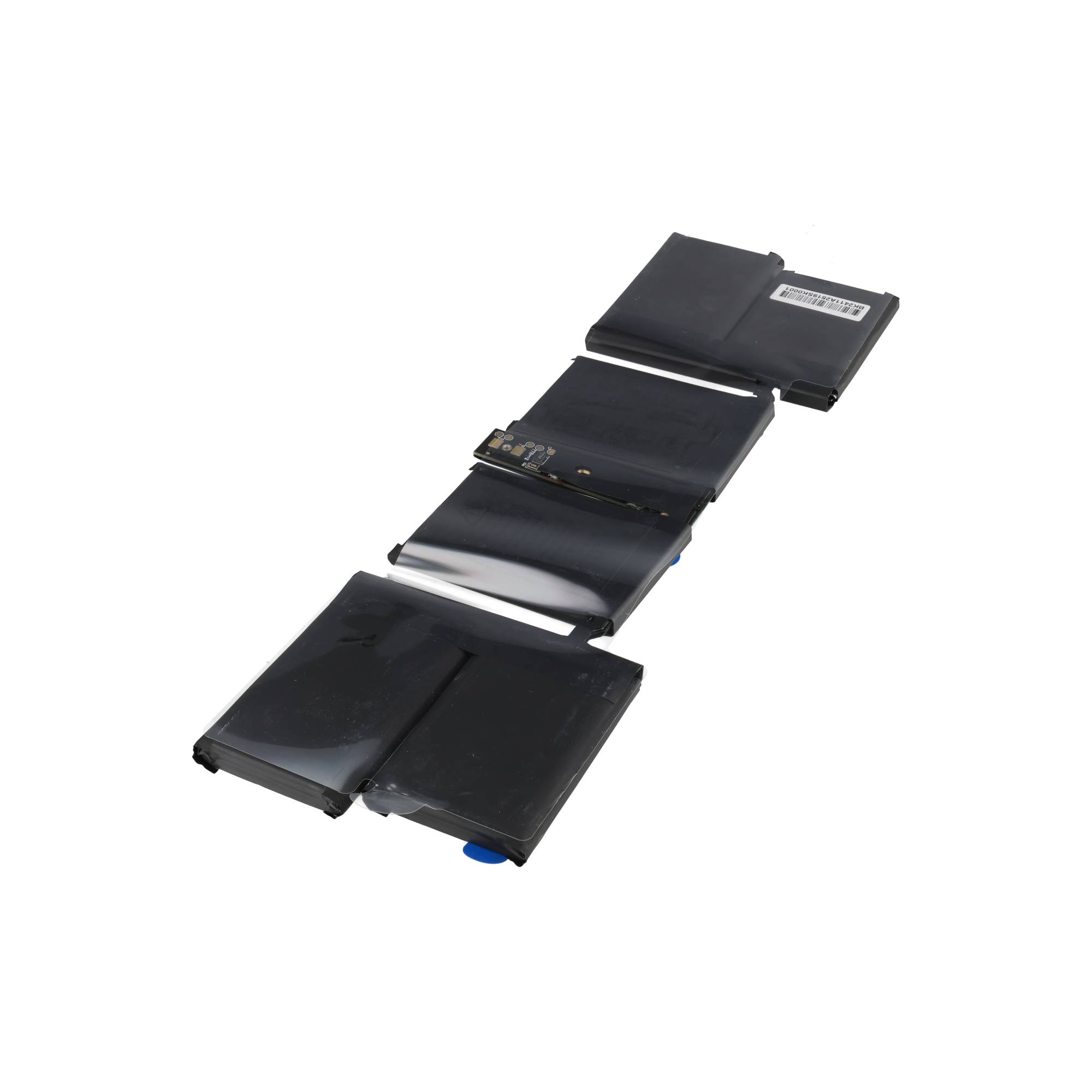 Schwarze Laptop-Batterieeinheit mit Kabeln und Platine, auf weißem Hintergrund.