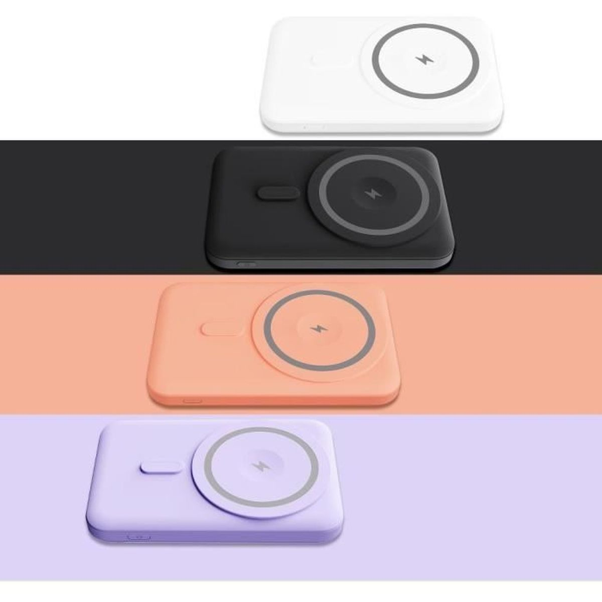 Vier MagSafe-Ladegeräte in Weiß, Schwarz, Rosa und Lila, nebeneinander aufgereiht.