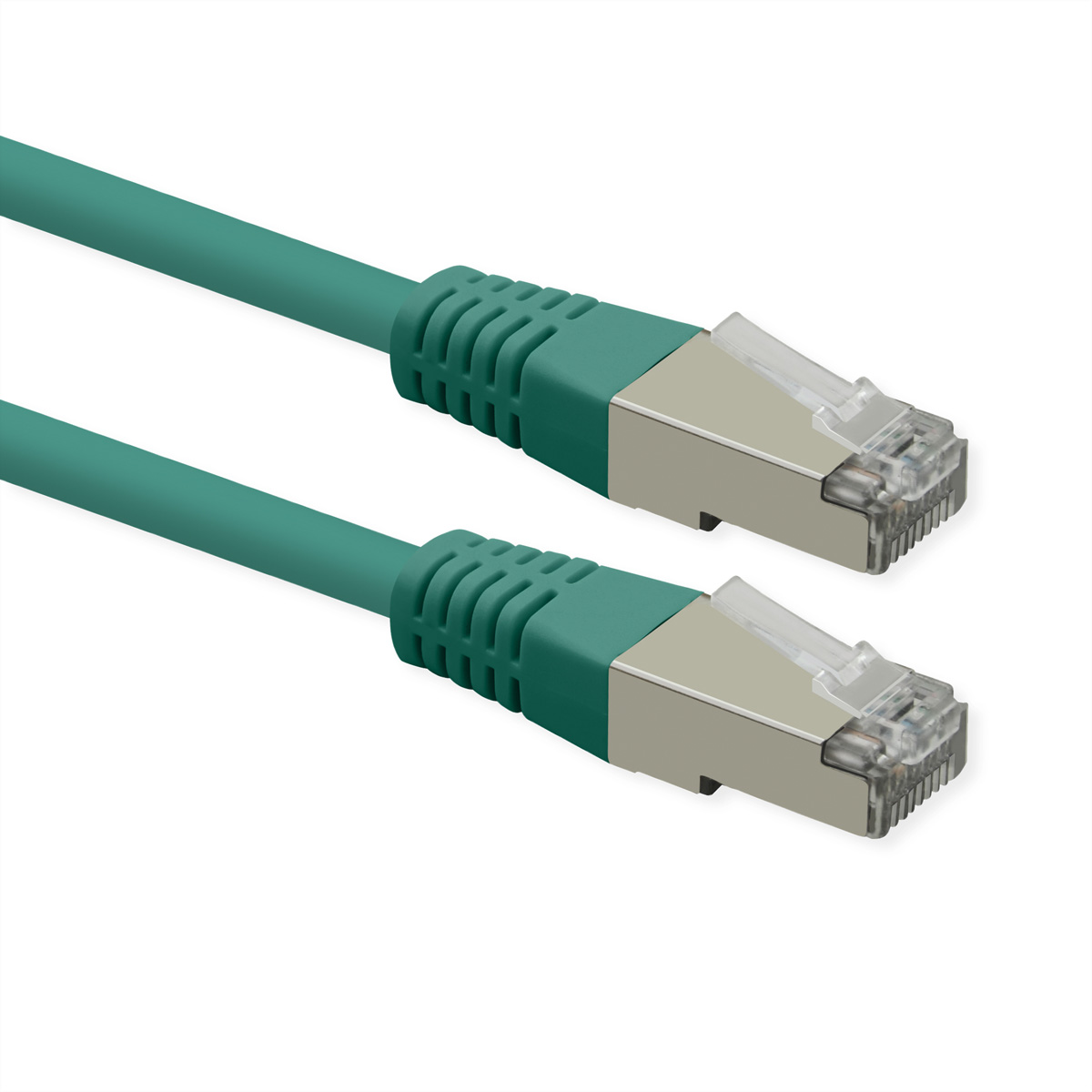 Zwei grüne Netzwerkkabel mit silbernen Steckern liegen nebeneinander.