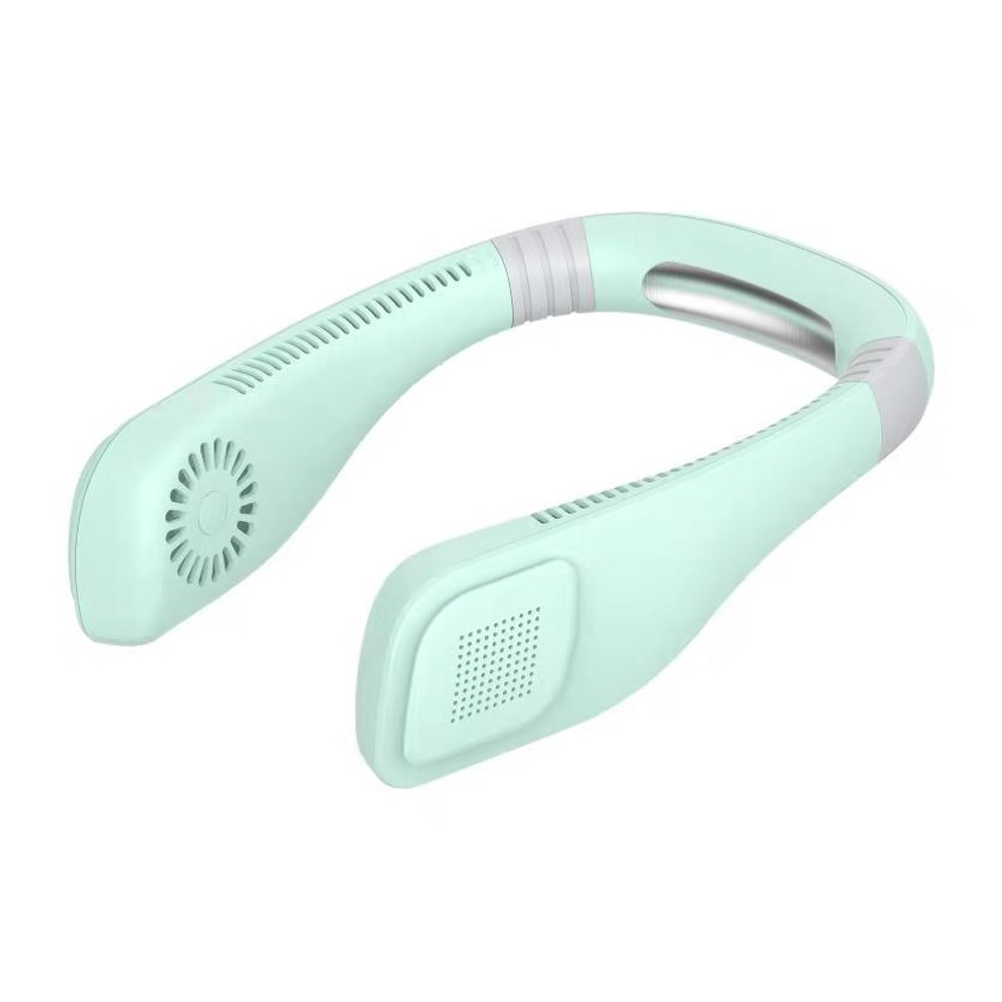 Ein mintgrüner Nackenventilator mit Belüftungsschlitzen und silbernen Akzenten.