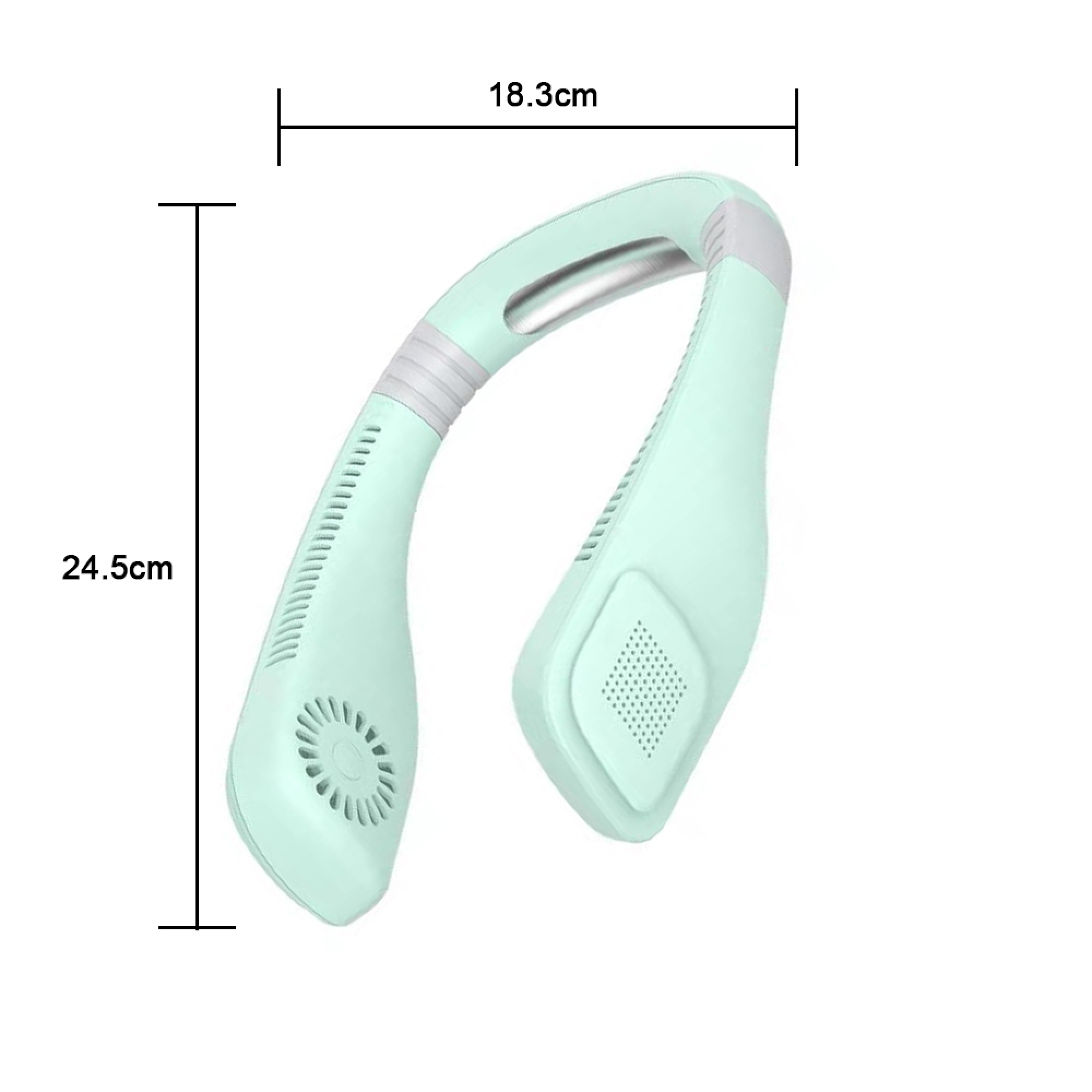 Ein mintgrüner Nackenventilator mit Lüftungsschlitzen und Lüftergittern.