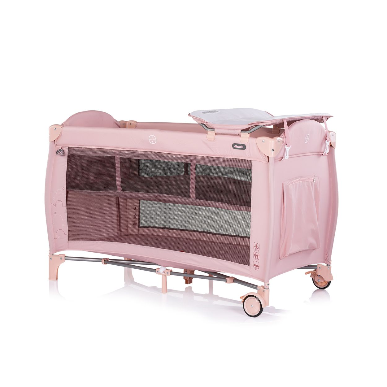 Ein rosa Laufstall mit Netzseiten und Wickelaufsatz.