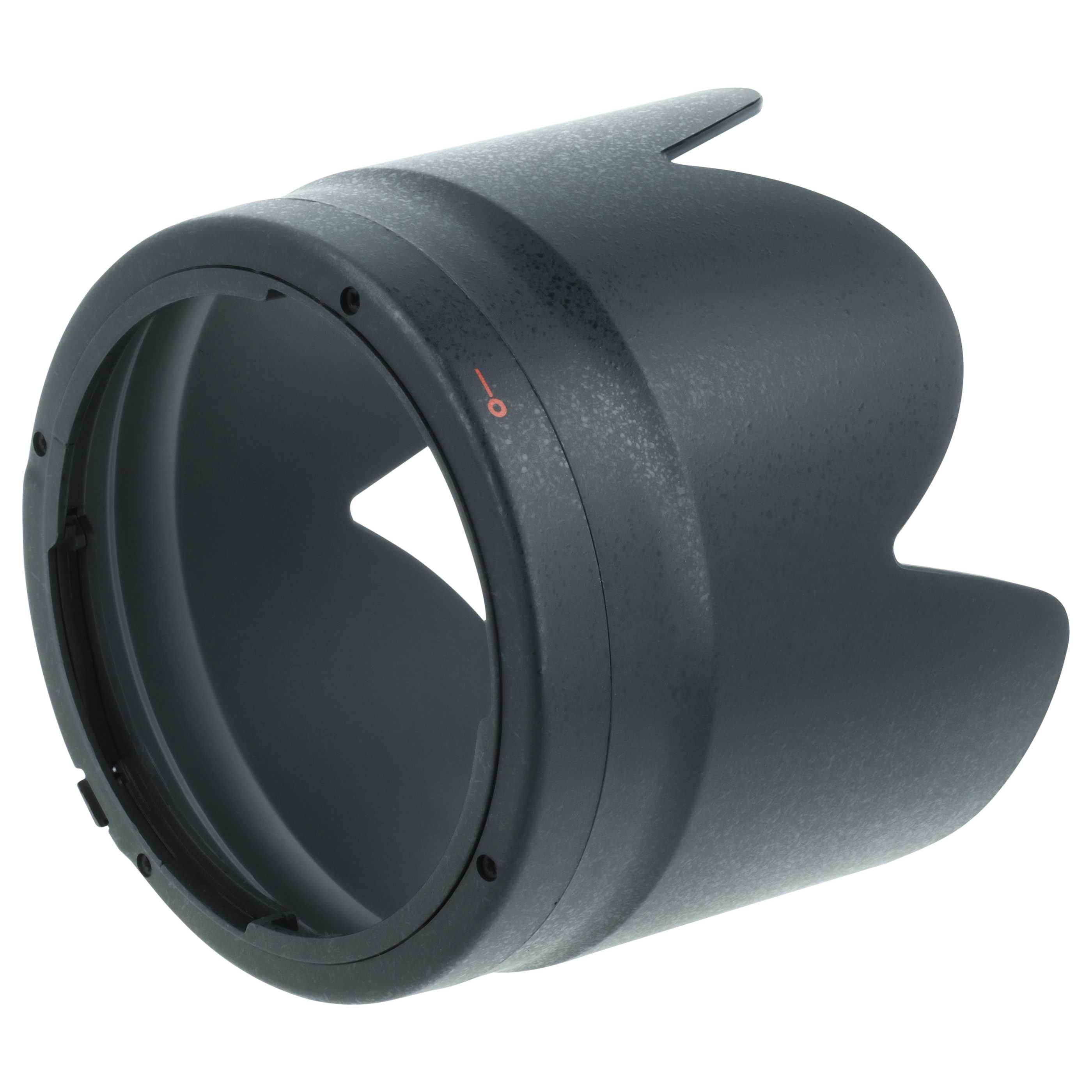 Schwarze Kamera-Objektivhaube aus Kunststoff mit roter Markierung auf weißem Hintergrund.