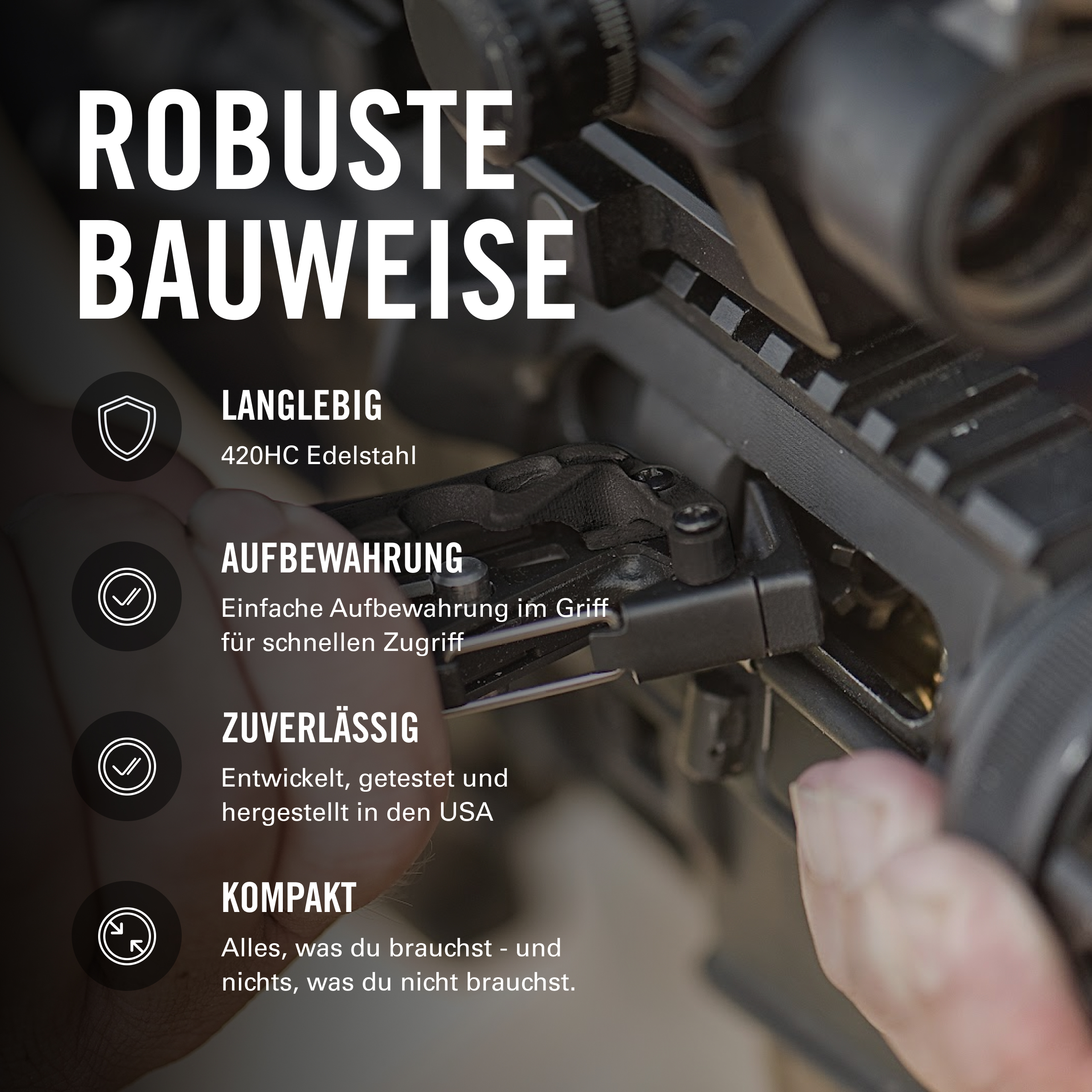 Robuste Bauweise: Langlebigkeit, Aufbewahrung, Zuverlässigkeit, Kompaktheit. Detailansicht Waffe.