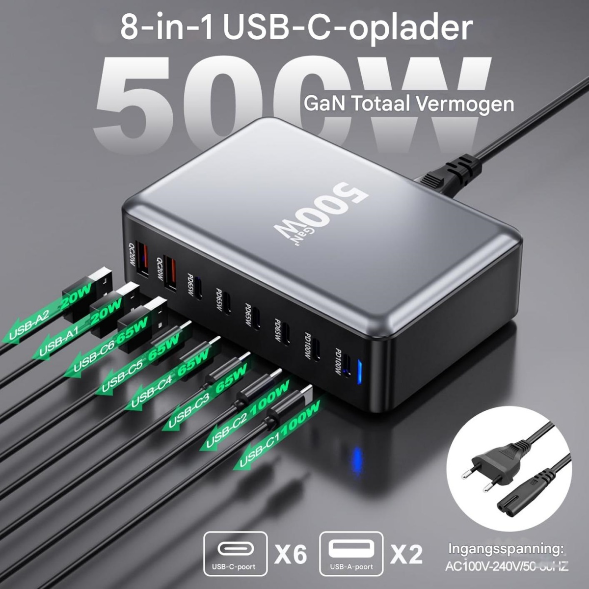 Ein 8-in-1 USB-C-Ladegerät mit 500W Leistung, viele Kabel angeschlossen.
