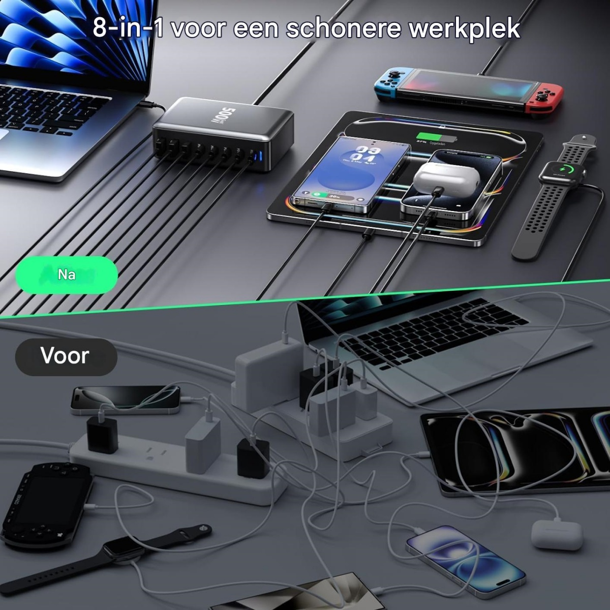 Oben: Ein organisierter Schreibtisch mit Ladestation, Laptop, Switch, Handy, Uhr. Unten: Unordnung mit vielen Ladegeräten.