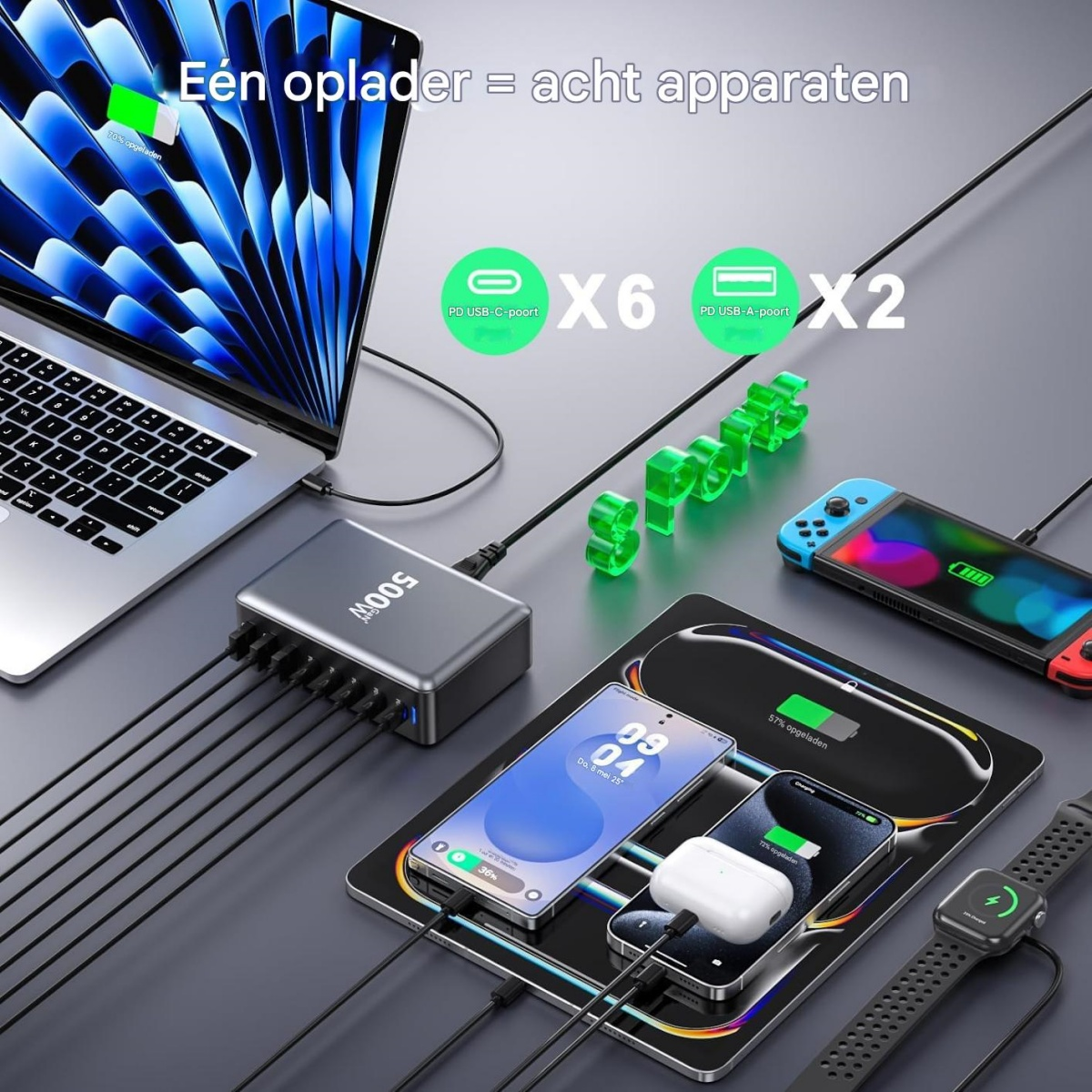 Ein 500W Ladegerät lädt Laptop, Handy, AirPods, Switch und Smartwatch über USB-C und USB-A.